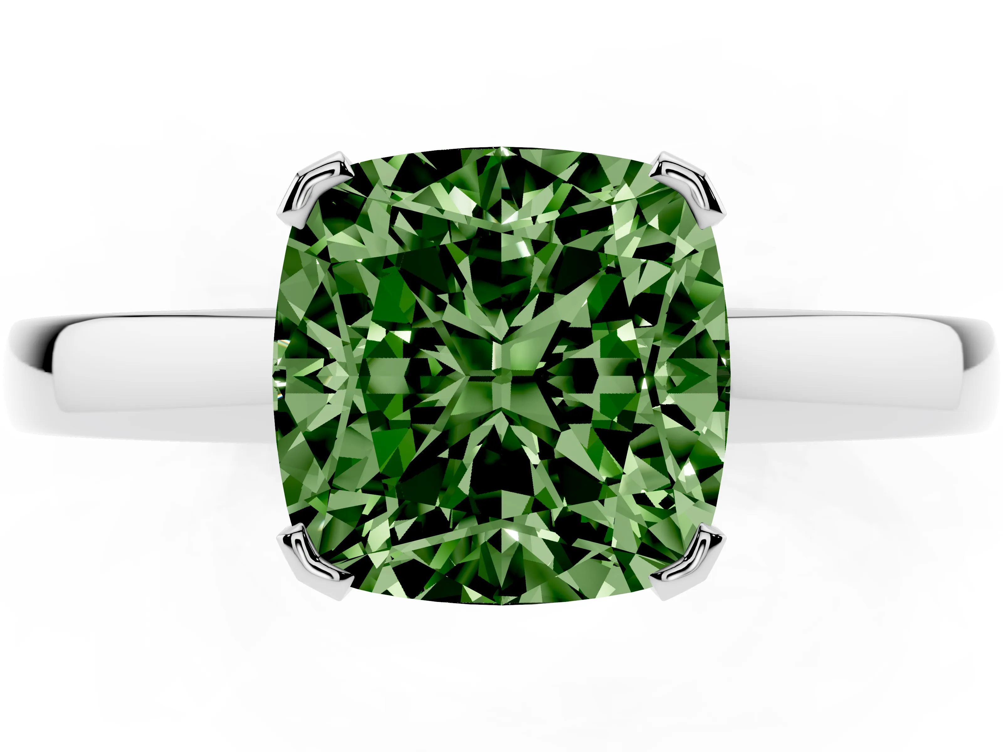 Fancy Green Cushion Cut Diamond Solitaire Ring Set in White gold with Prong Head and Smooth Polished Band