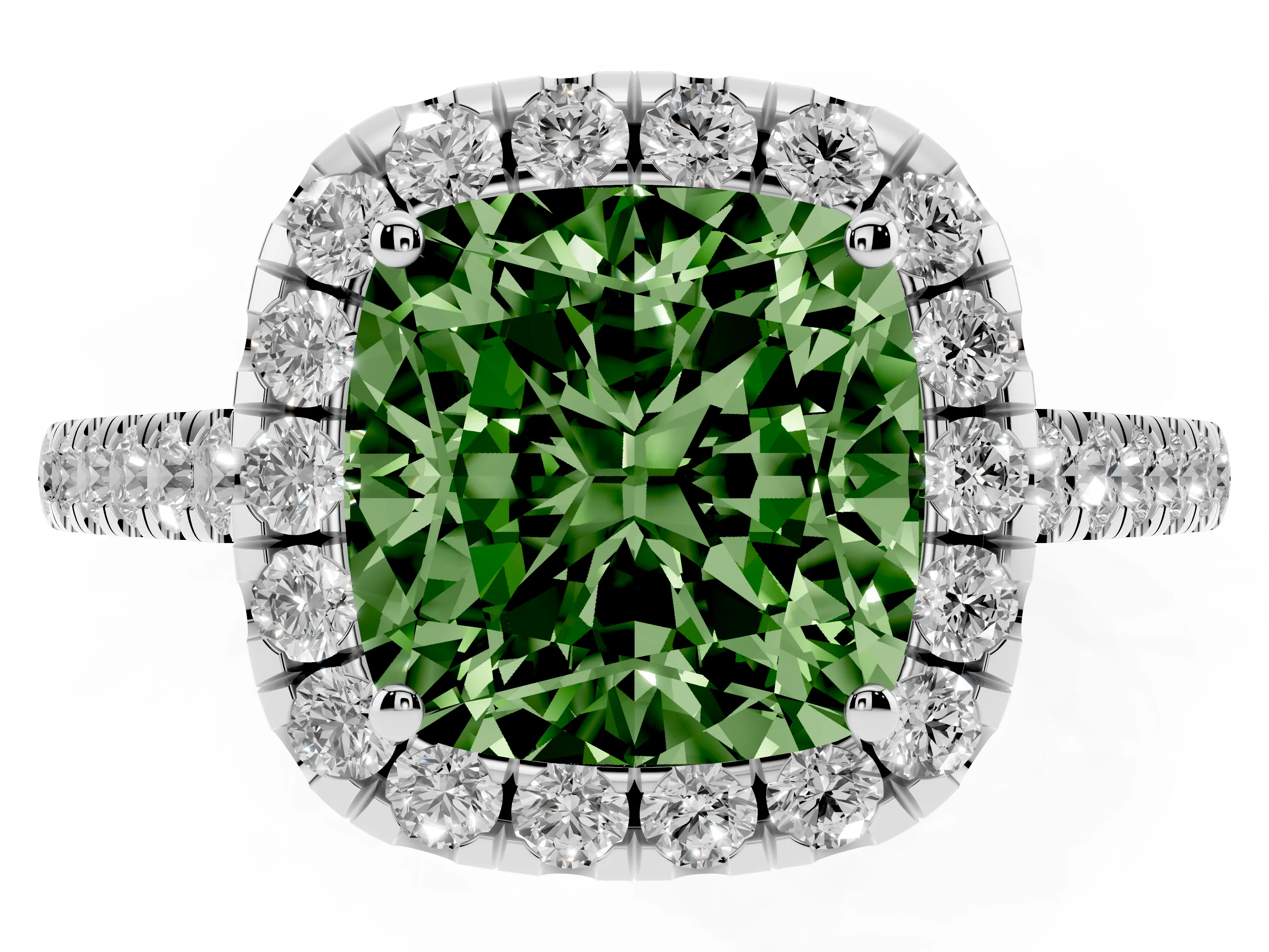 Fancy Green Cushion Cut Diamond Halo Pavé Engagement Ring Set in White gold with Prong Setting