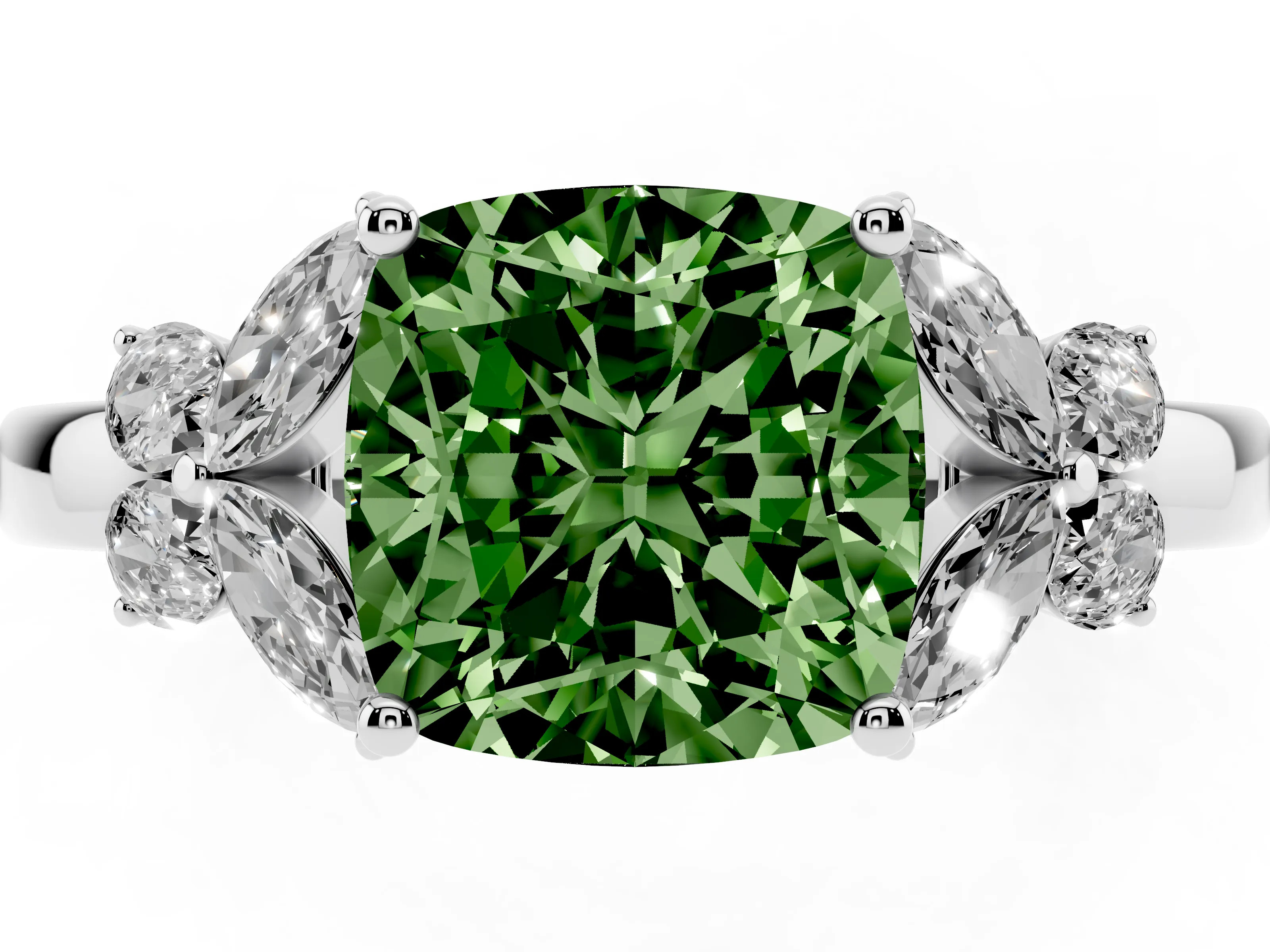 Fancy Green Cushion Cut Diamond Solitaire Floral Ring Set in Platinum with Marquise Petals and Prong Setting