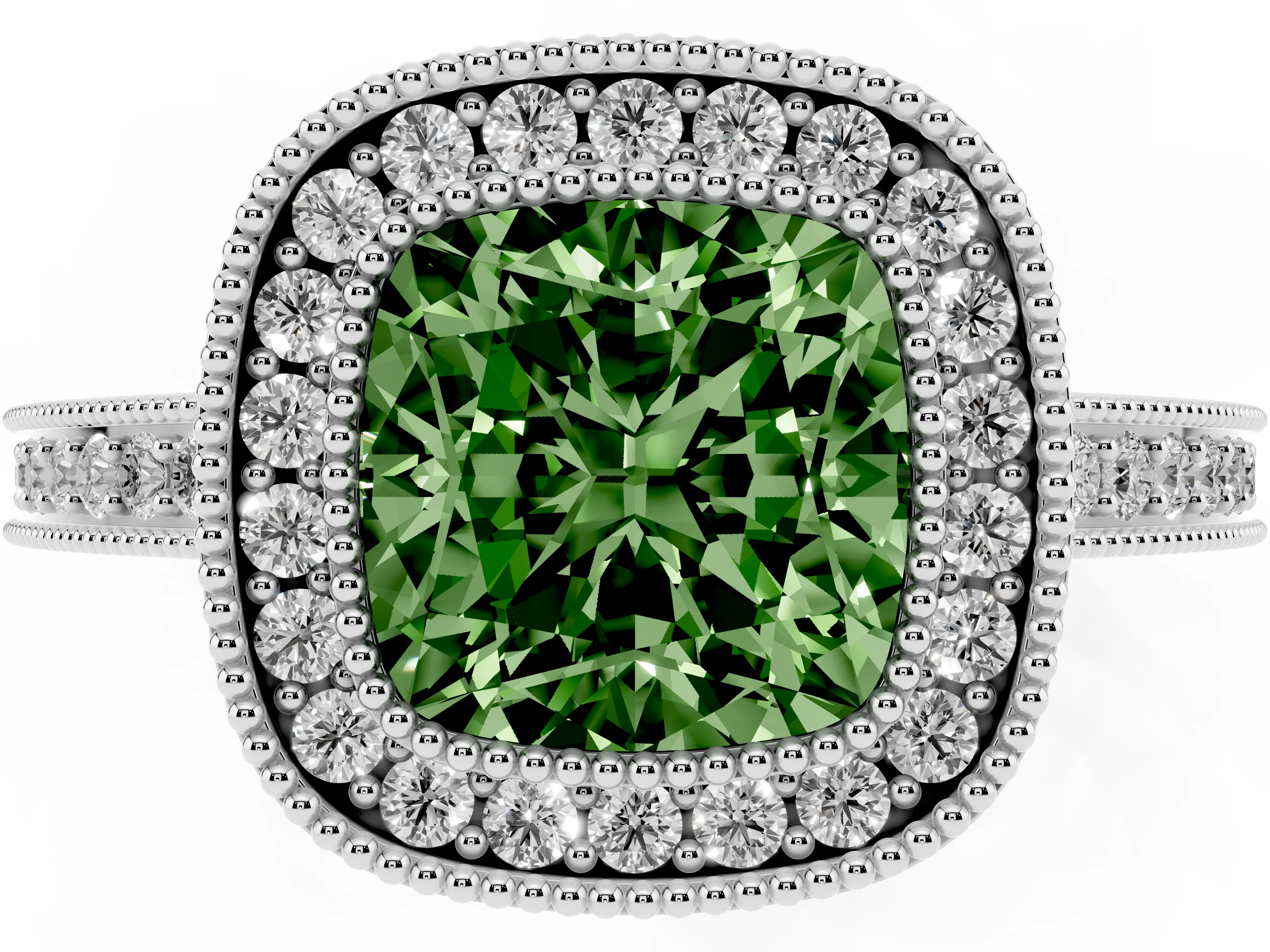 Fancy Green Cushion Cut Diamond Round Halo Ring Set in Platinum with Pavé Band