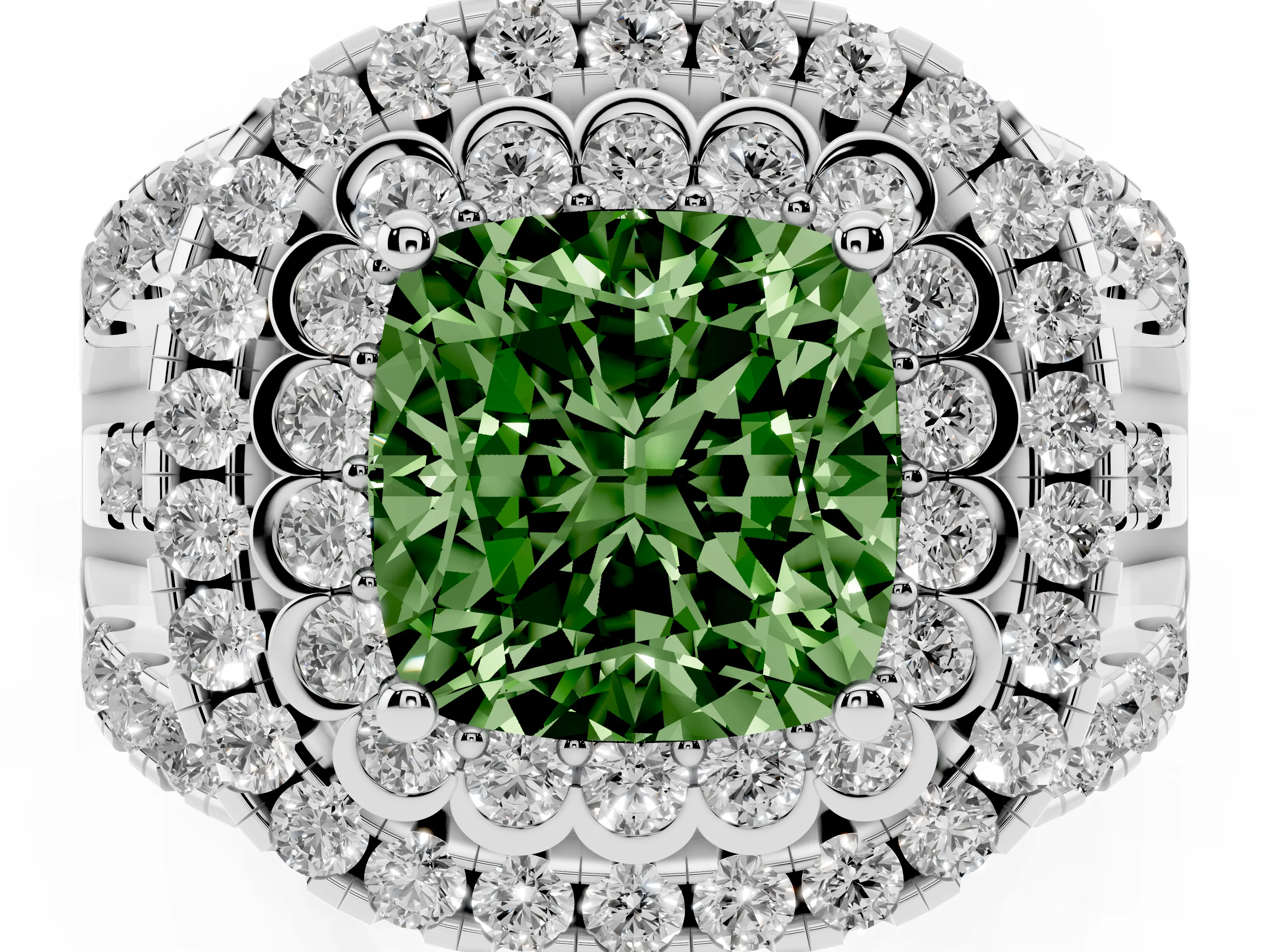 Fancy Green Cushion Cut Diamond Double Halo Ring Set in Platinum with Round Pavé Split Shank