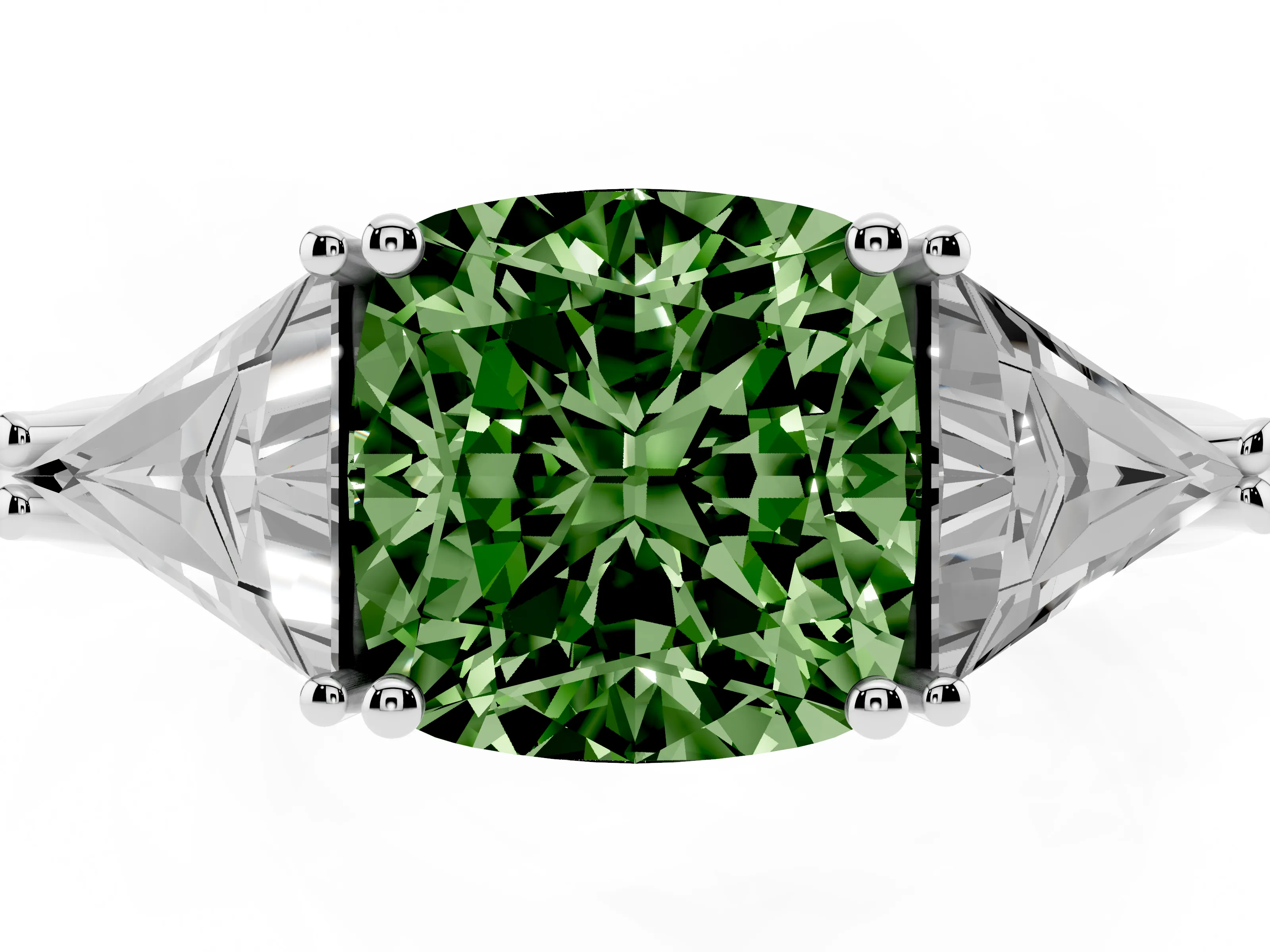 Fancy Green Cushion Cut Diamond Three-Stone Engagement Ring Set in Silver with Trillion Side Stones