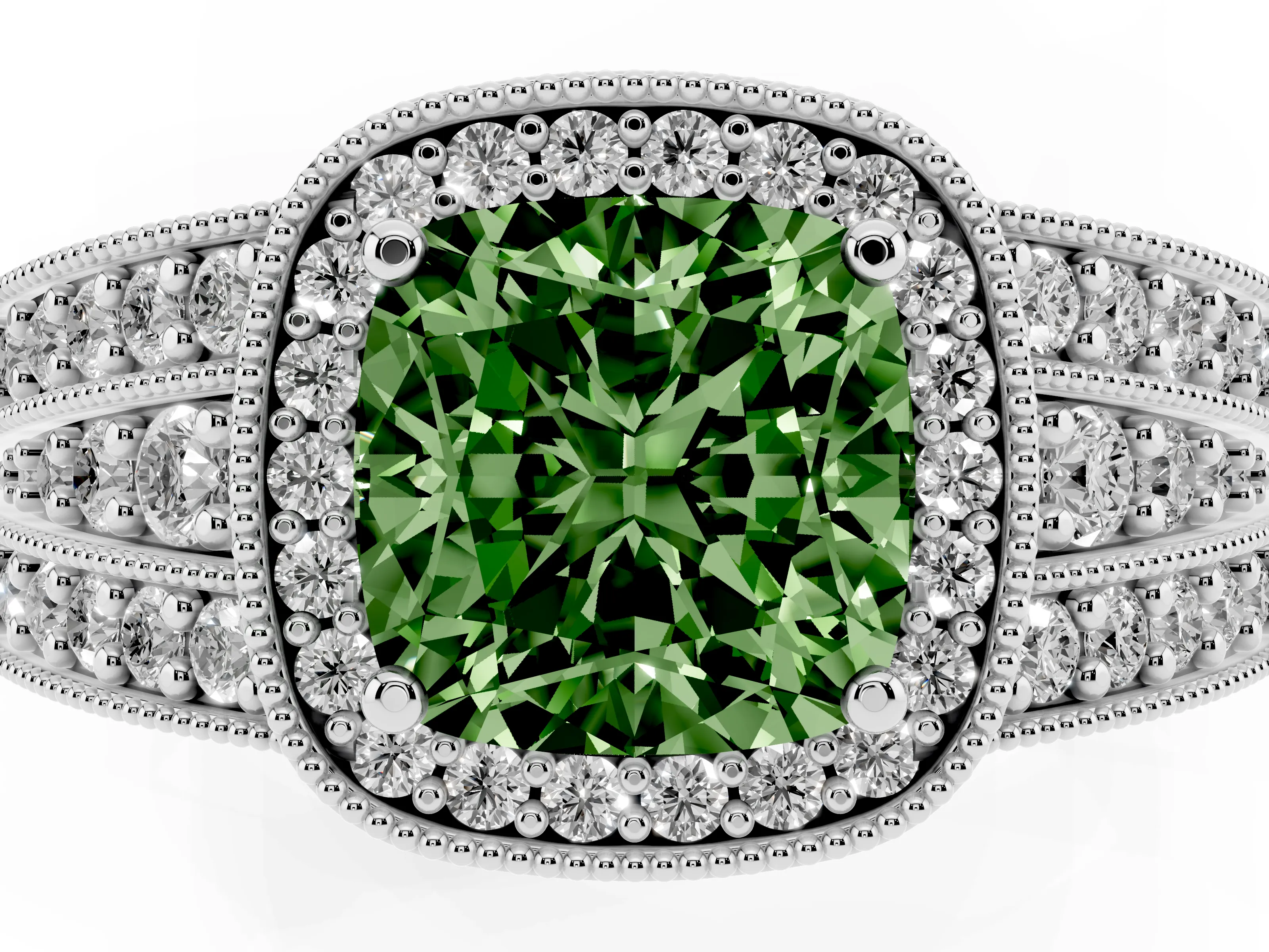 Fancy Green Cushion Cut Diamond Halo Ring Set in Platinum with Accent Split Shank and Prong Setting