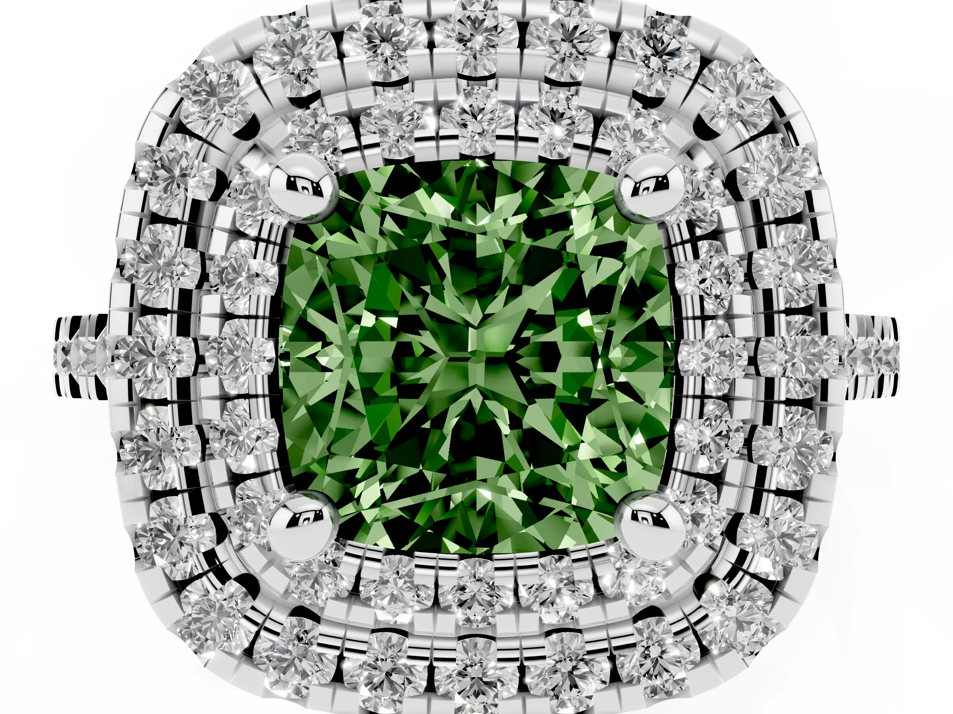 Fancy Green Cushion Cut Diamond Double Halo Statement Ring Set in White gold with Pavé Band