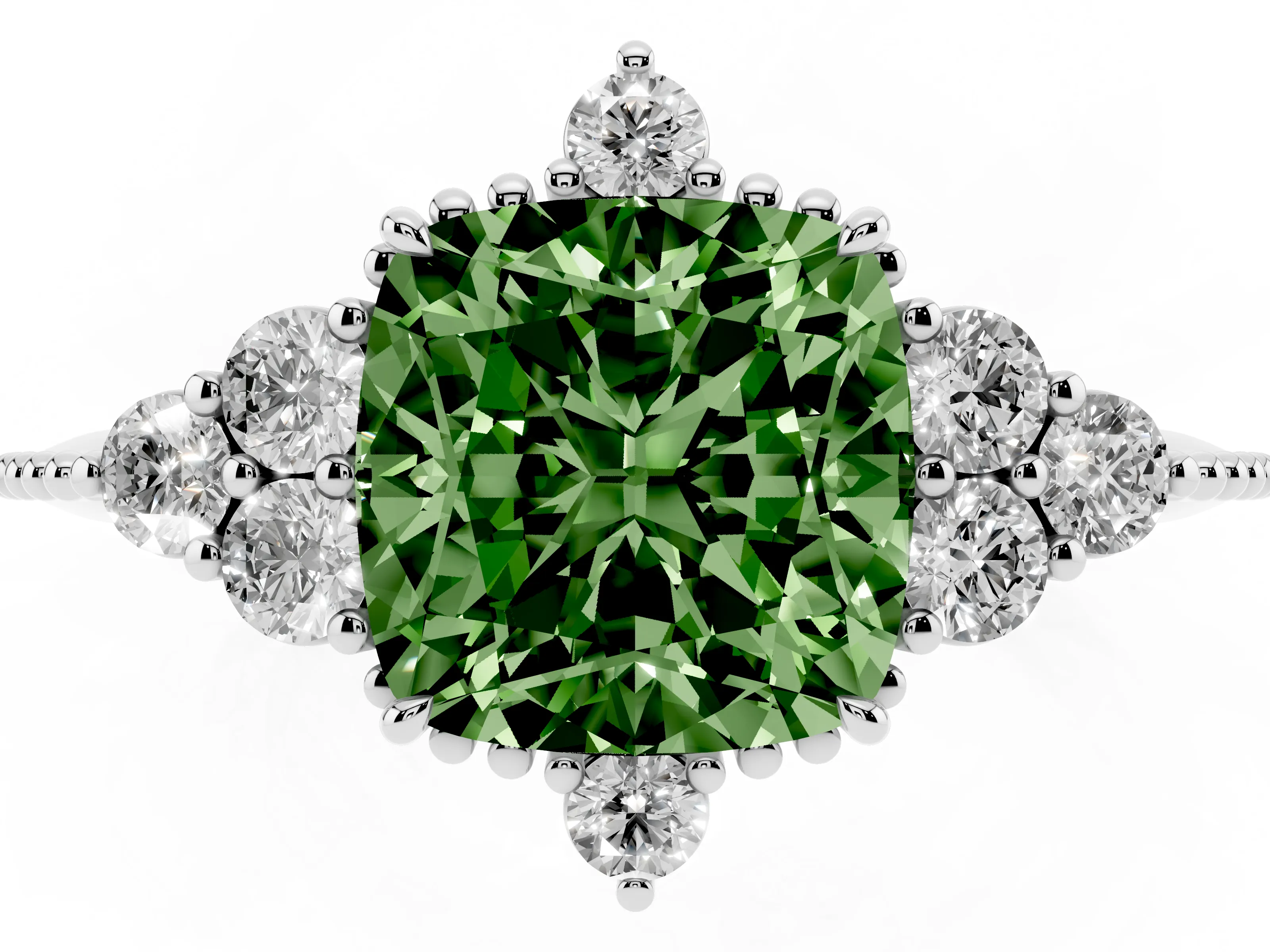 Fancy Green Cushion Cut Diamond Cluster Ring Set in Silver with Beaded Band