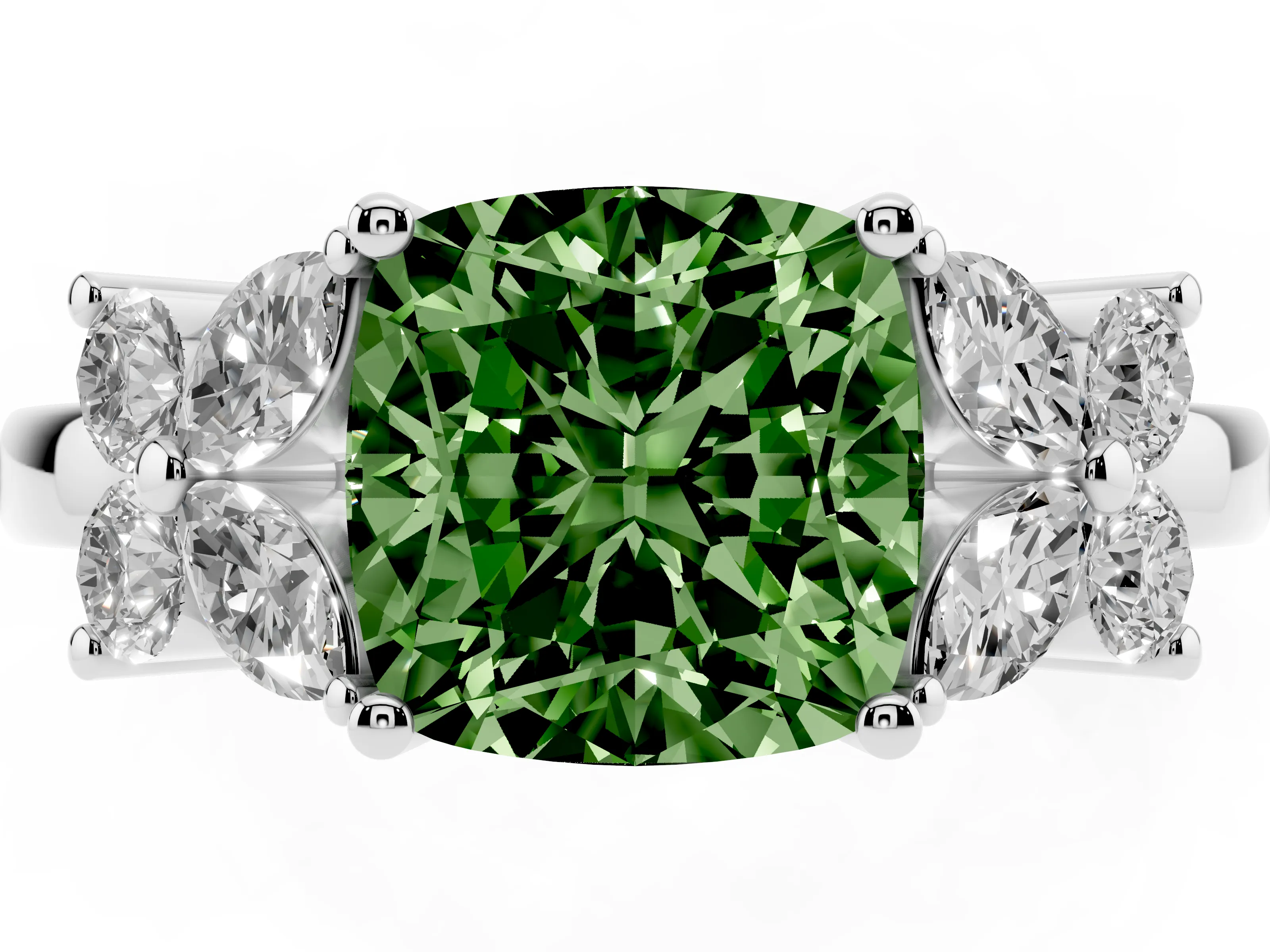 Fancy Green Cushion Cut Diamond Floral Cluster Ring Set in White gold with Marquise Petals and Prong Setting