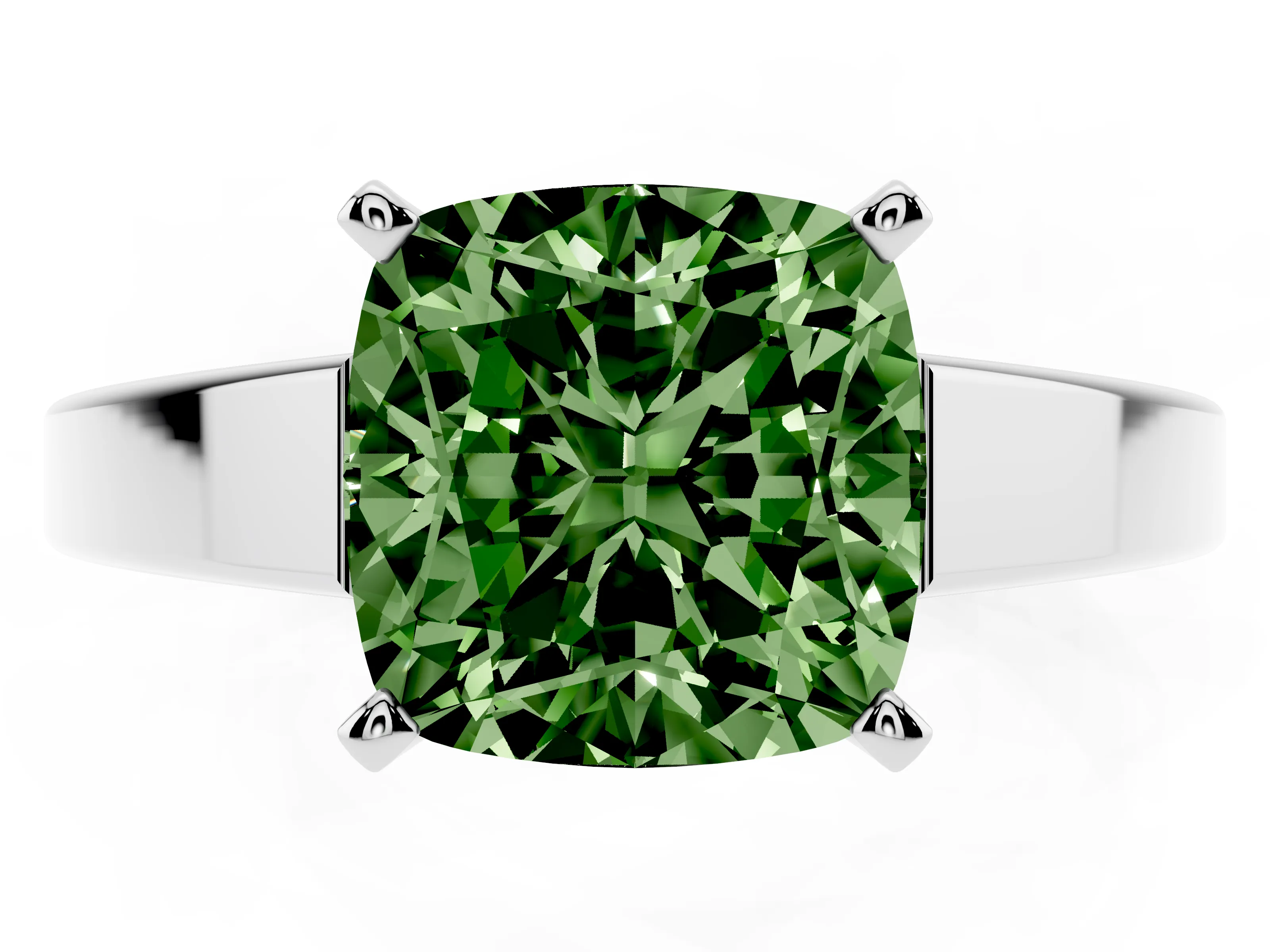 Fancy Green Cushion Cut Diamond Solitaire Engagement Ring Set in White gold with Prong Setting and Tapered Band