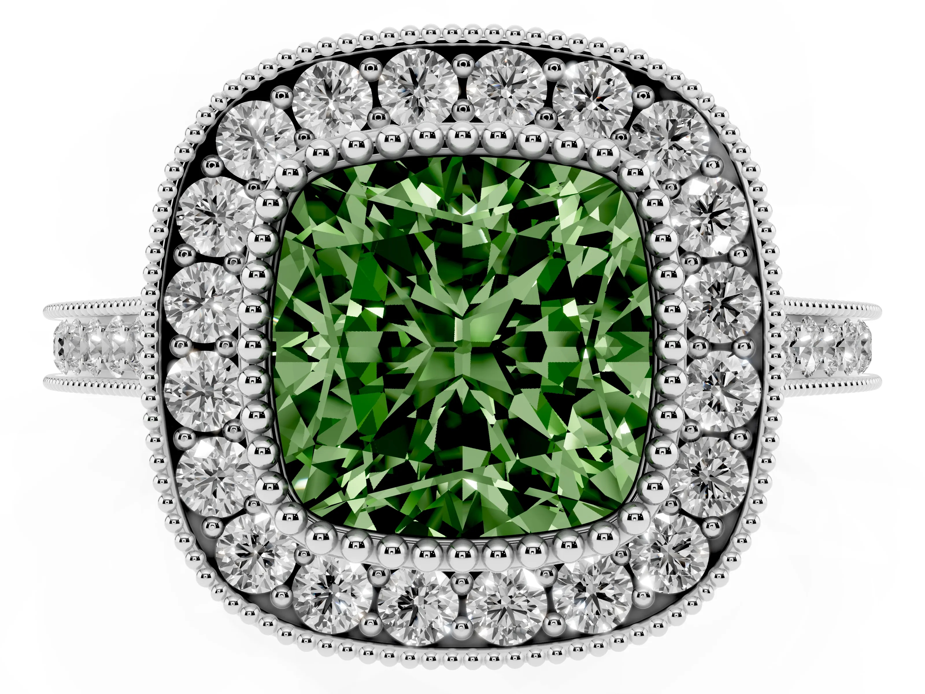 Fancy Green Cushion Cut Diamond Halo Ring Set in Platinum with Milgrain Frame and Pavé Band