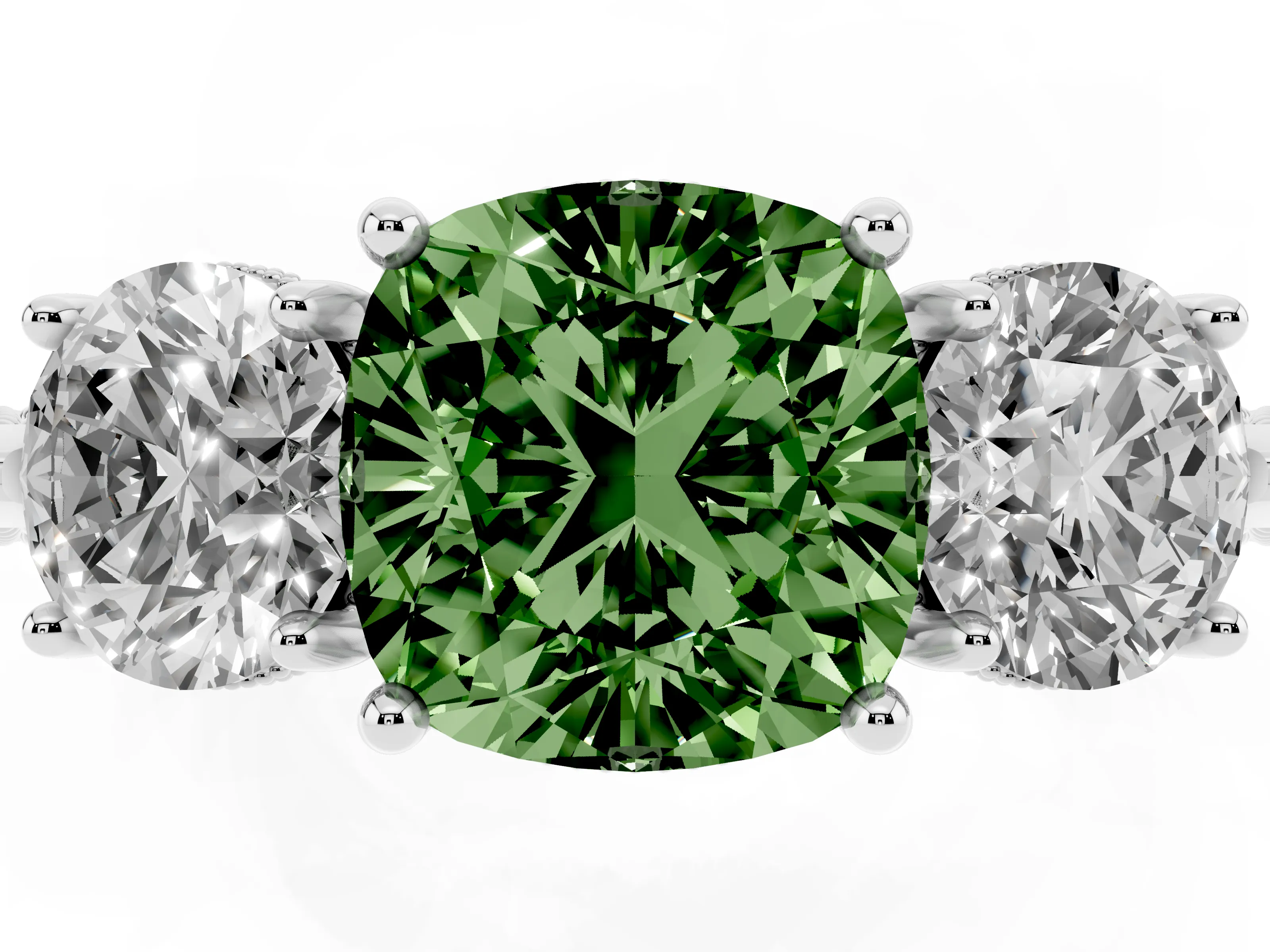 Fancy Green Cushion Cut Diamond Three-Stone Ring Set in White gold with Milgrain Band