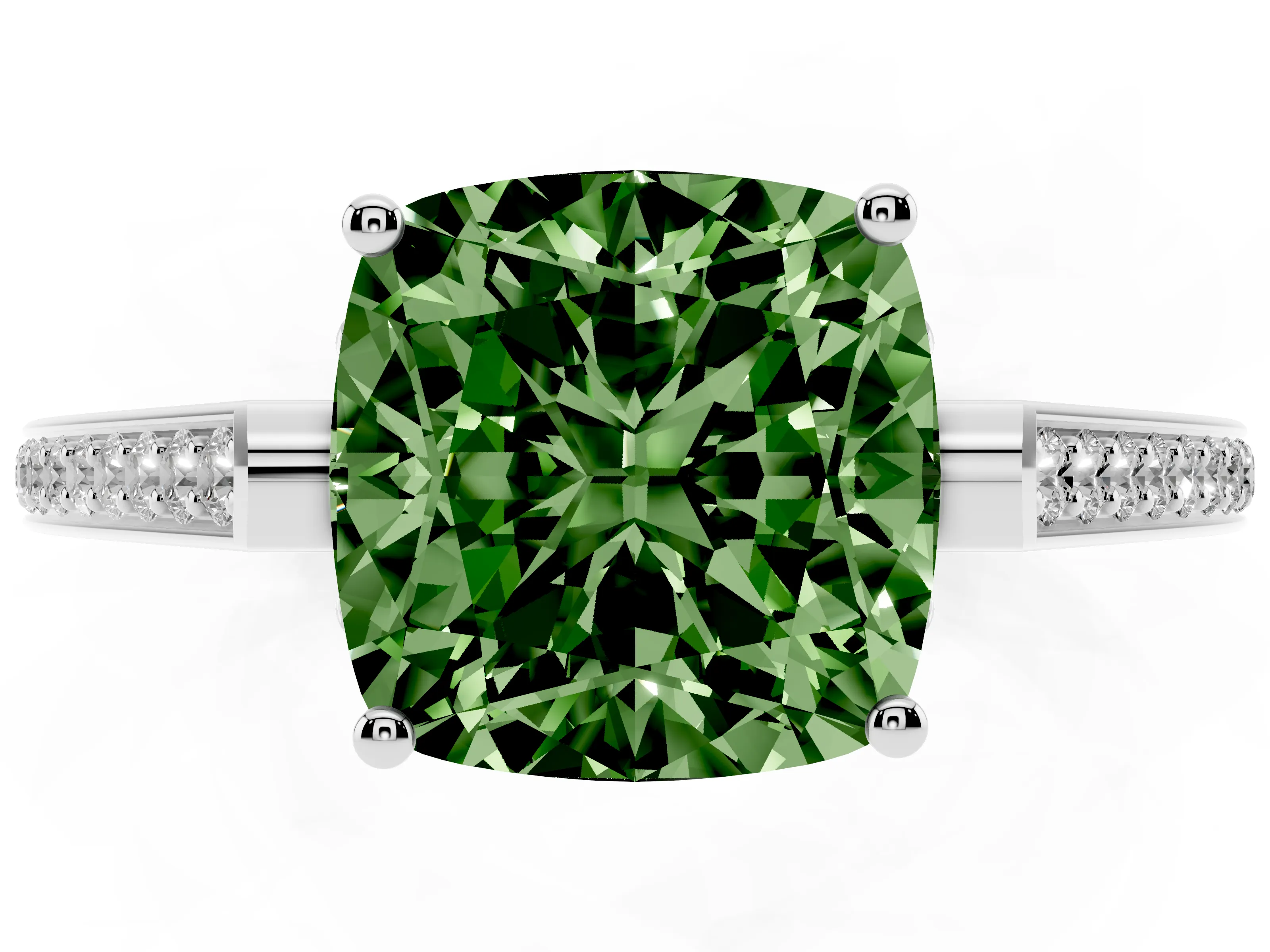 Fancy Green Cushion Cut Diamond Cathedral Pavé Engagement Ring Set in White gold with Prong Setting