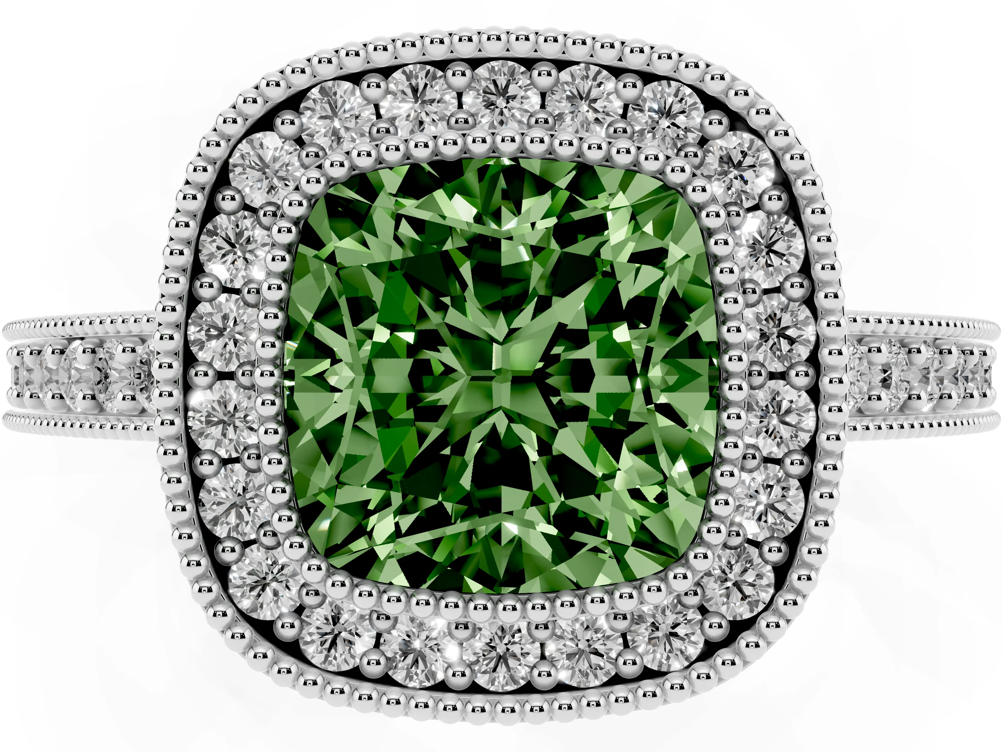 Fancy Green Cushion Cut Diamond Halo Engagement Ring Set in White gold with Pavé Band and Round Halo Stones