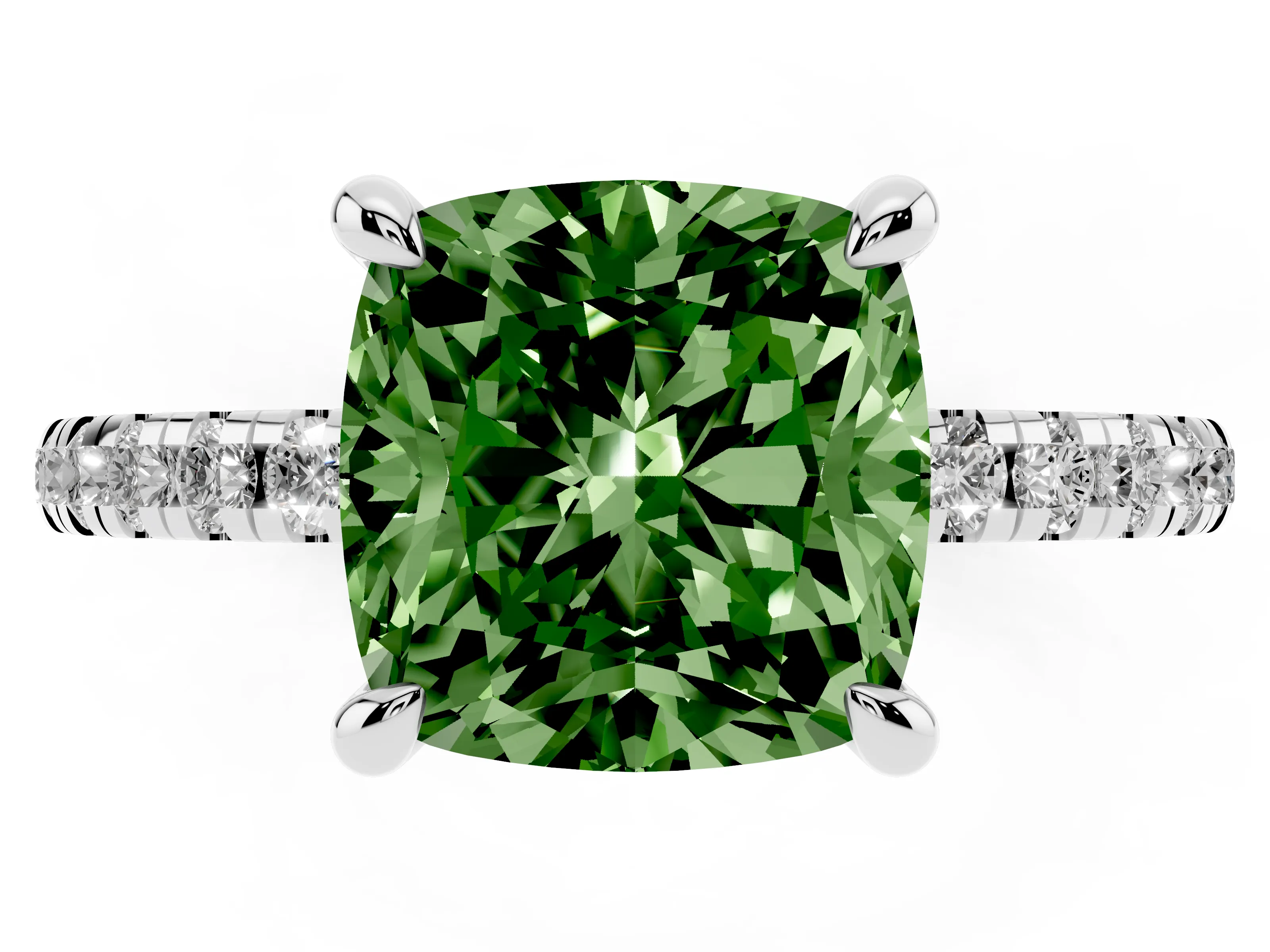 Fancy Green Cushion Cut Diamond Brilliant Solitaire Ring Set in Platinum with Pavé Band and Prong Setting