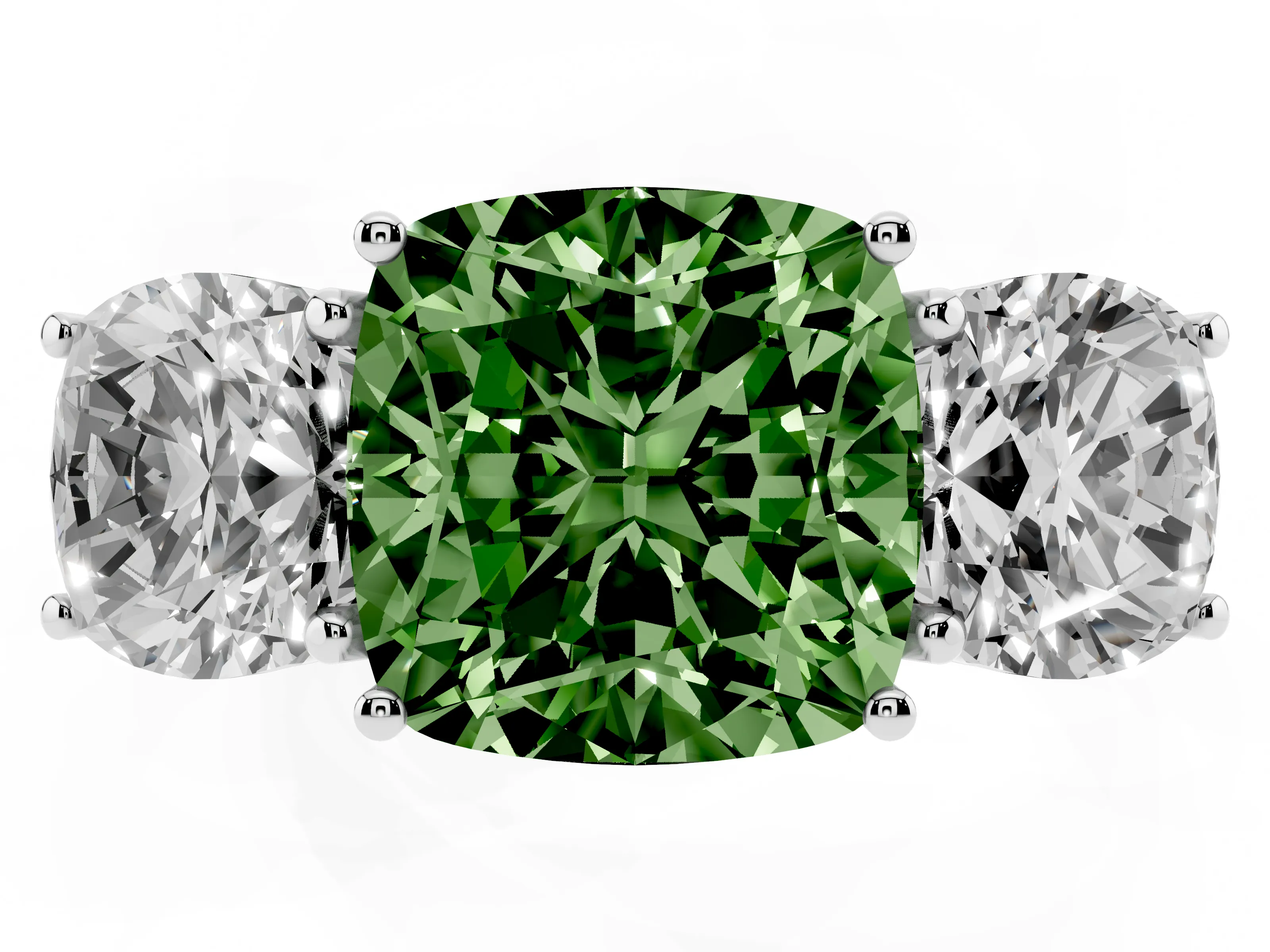 Fancy Green Cushion Cut Diamond Three-Stone Ring Set in White gold with Braided Band