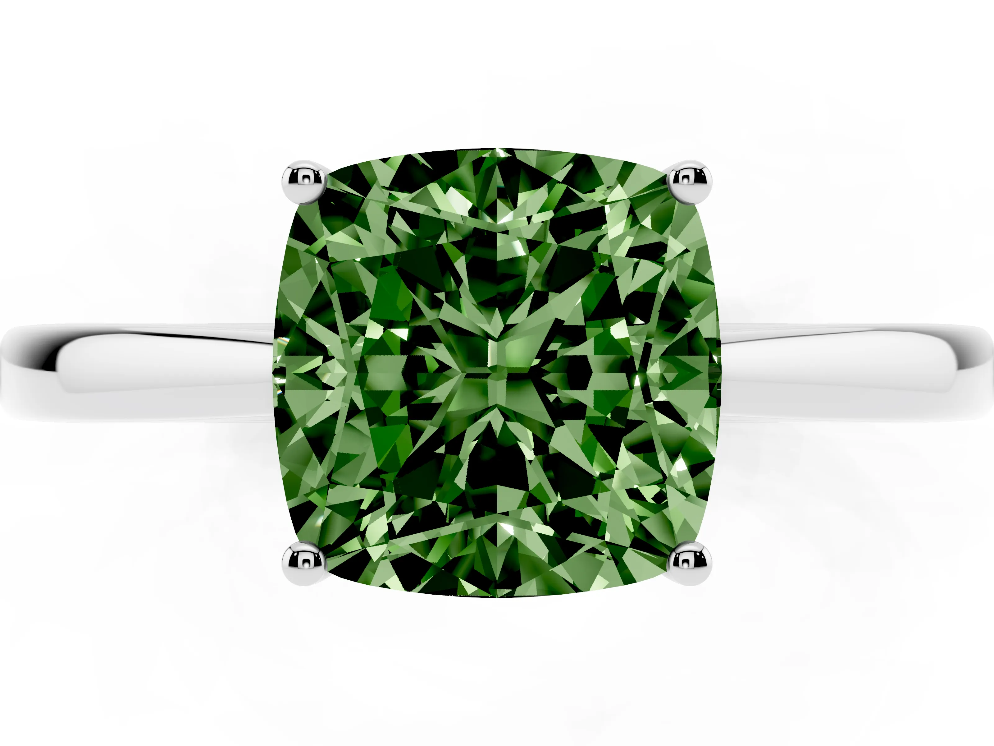 Fancy Green Cushion Cut Diamond Solitaire Ring Set in Silver with Split Shank and Prong Setting