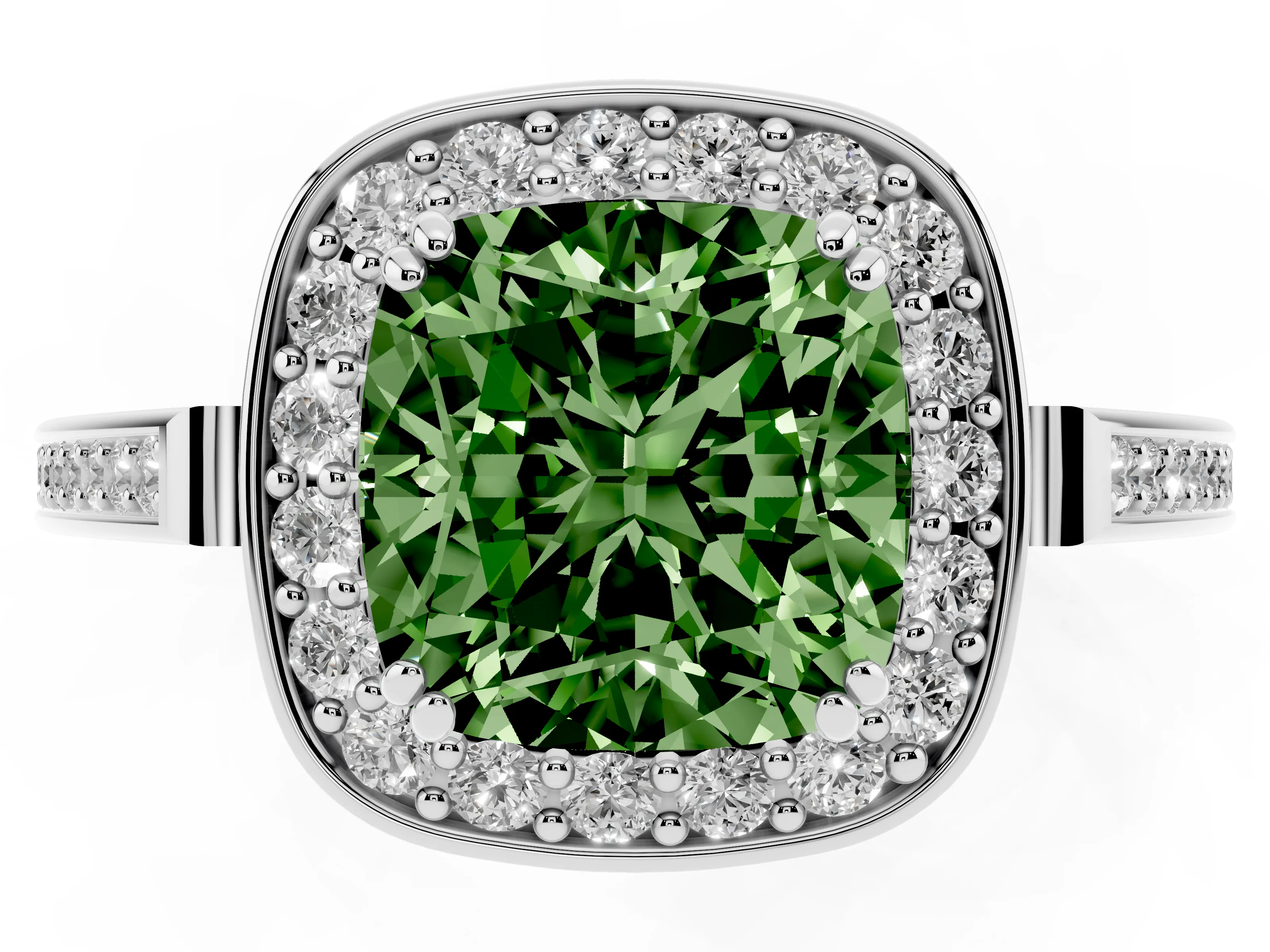 Fancy Green Cushion Cut Diamond Halo Ring Set in Silver with Accent-Lined Split Shank and Prong Setting