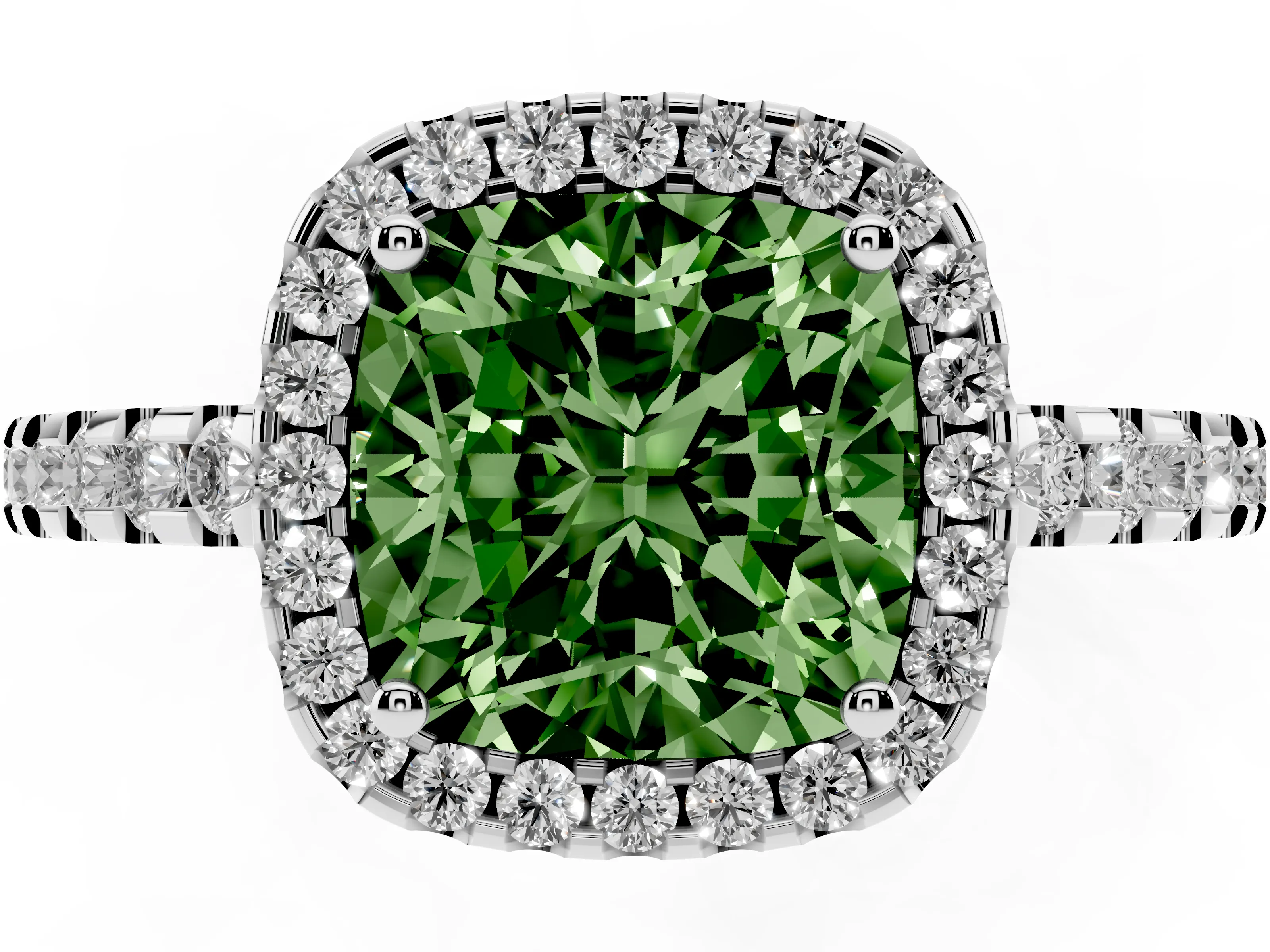Fancy Green Cushion Cut Diamond Halo Ring Set in Silver with Pavé Shoulders and Halo-Framed Center