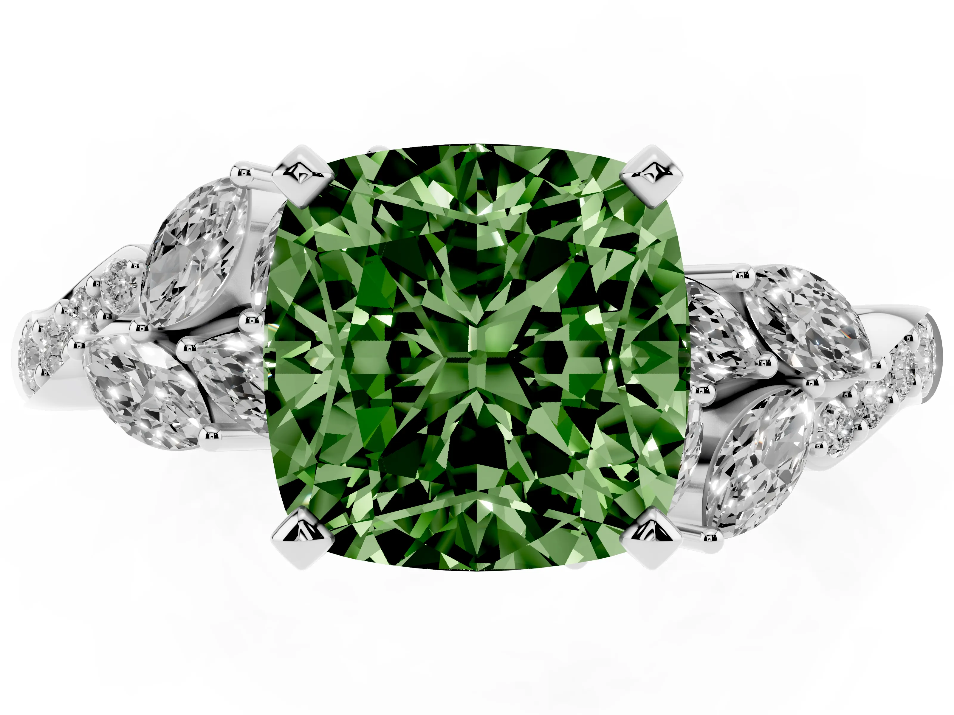 Fancy Green Cushion Cut Diamond Solitaire Ring Set in White gold with Marquise Twist Band and Prong Setting