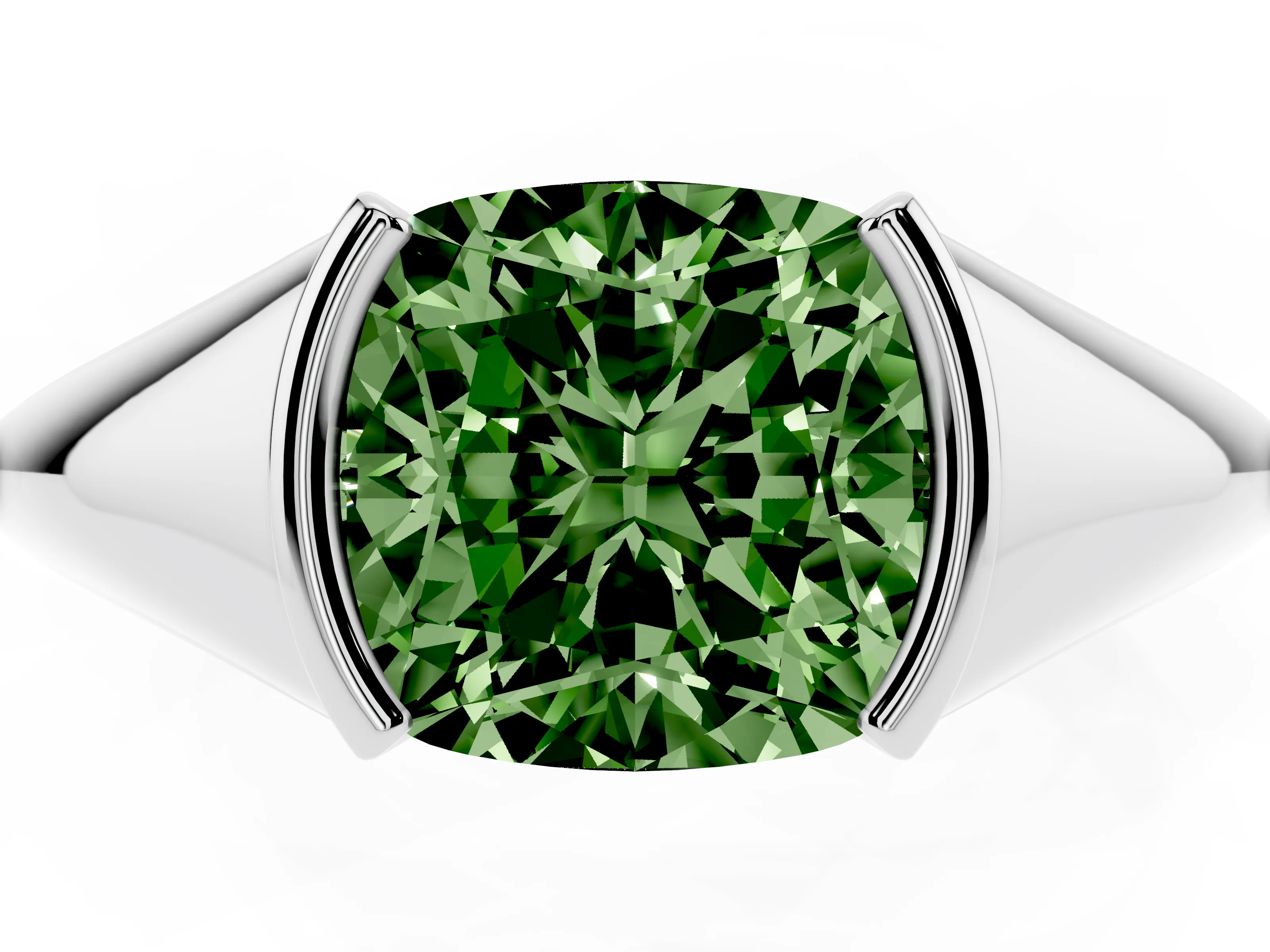 Fancy Green Cushion Cut Diamond Solitaire Tension Set Ring Set in Silver