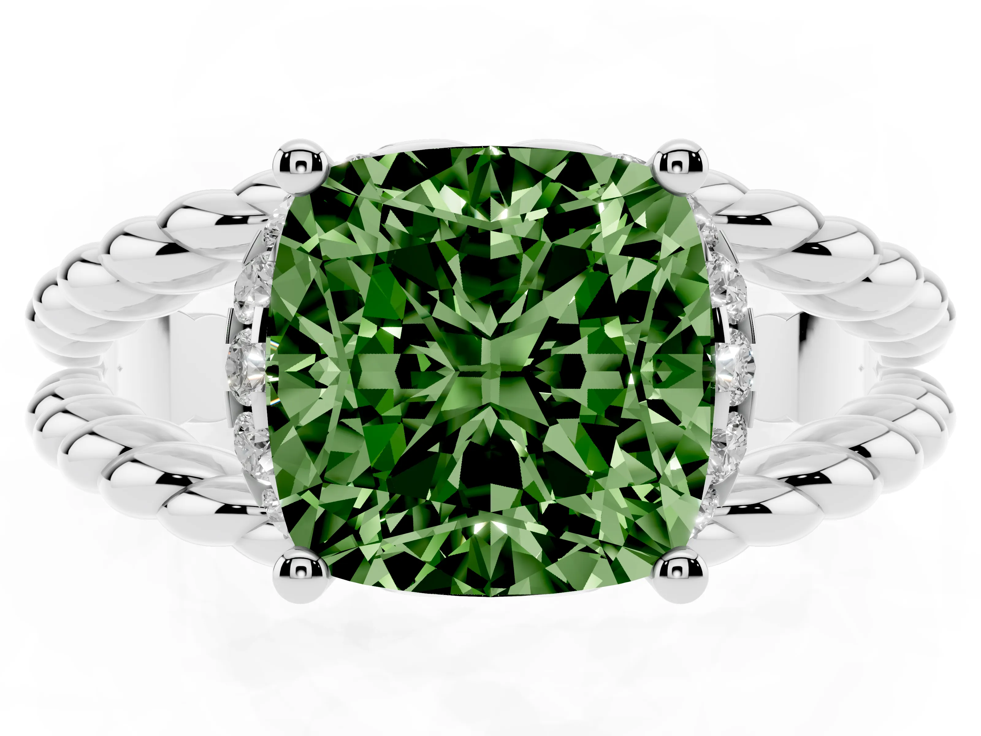 Fancy Green Cushion Cut Diamond Halo Ring Set in Platinum with Twisted Band and Prong Setting