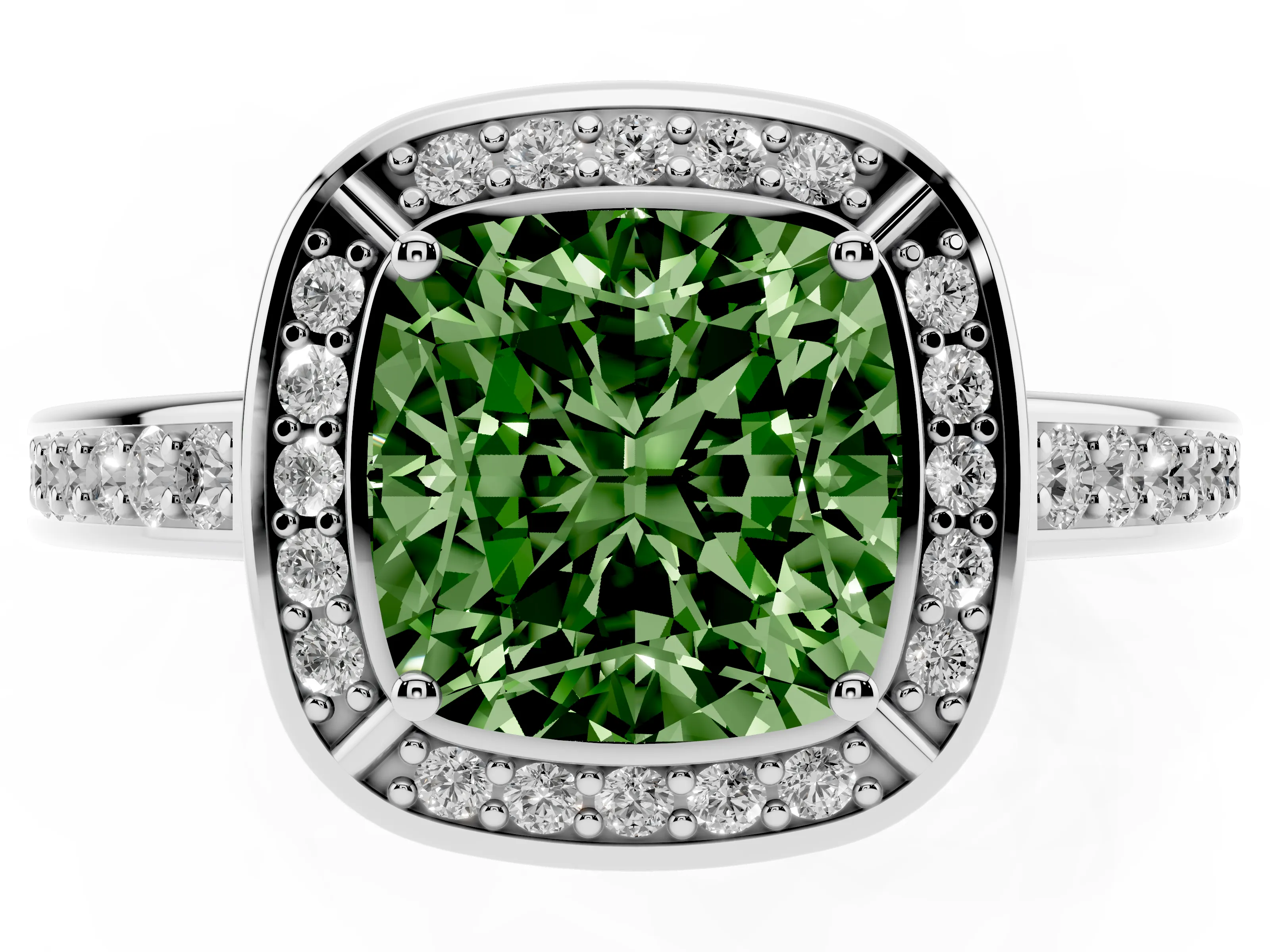 Fancy Green Cushion Cut Diamond Halo Pavé Split Shank Ring Set in White gold with Prong Setting