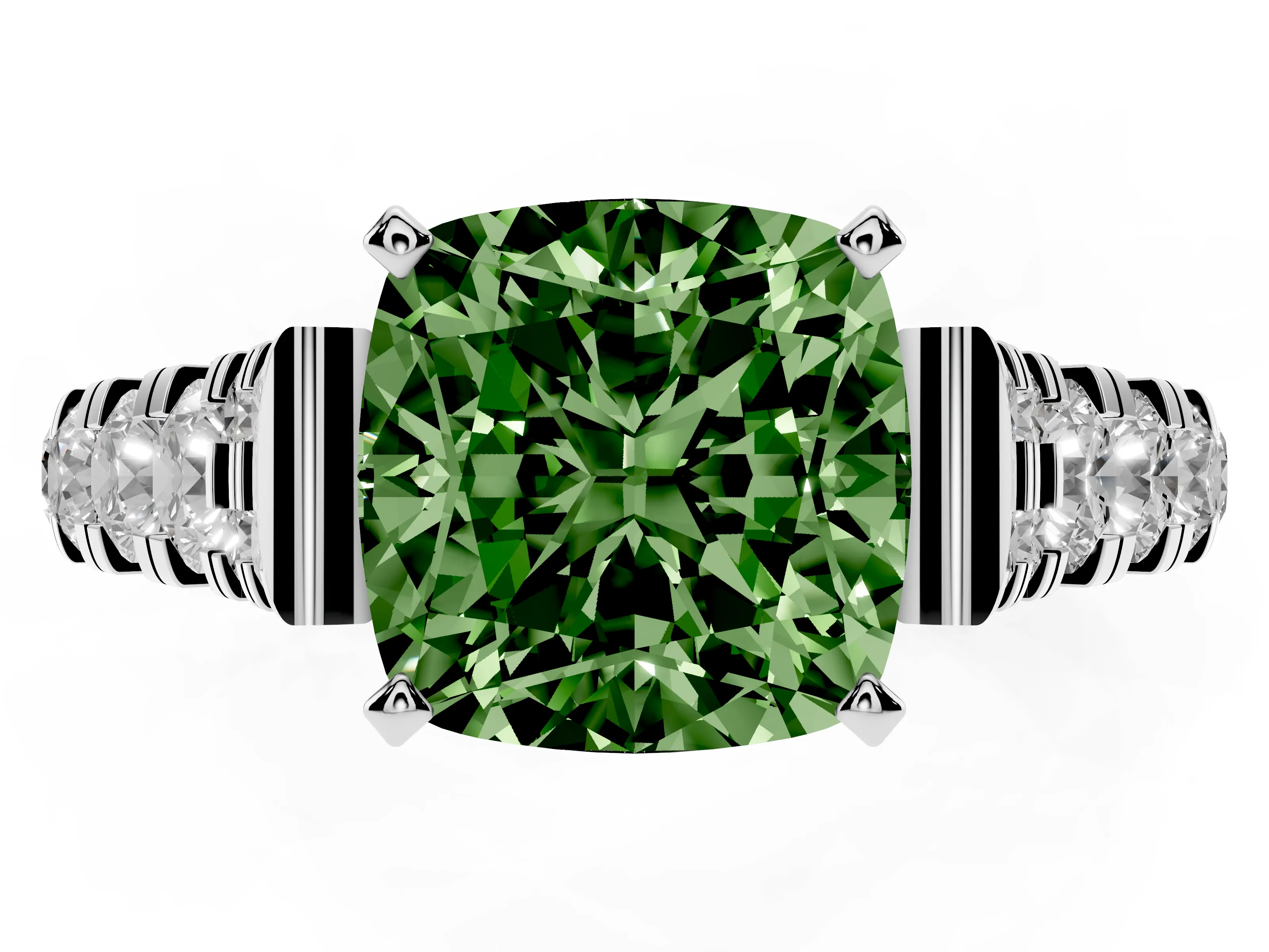 Fancy Green Cushion Cut Diamond Classic Solitaire Ring Set in White gold with Pavé Band and Prong Setting