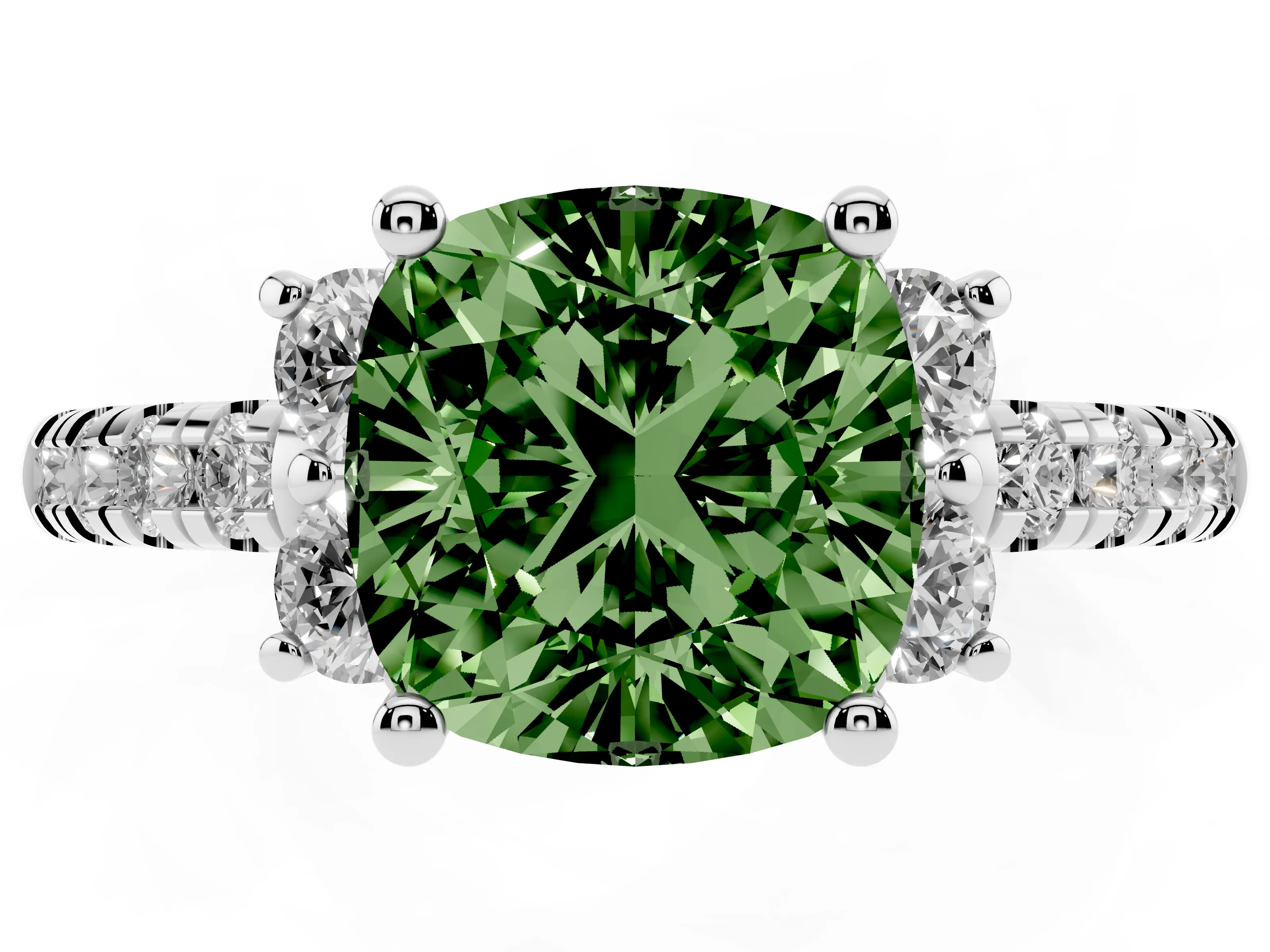 Fancy Green Cushion Cut Diamond Three-Stone Pavé Ring Set in Platinum with Prong Setting