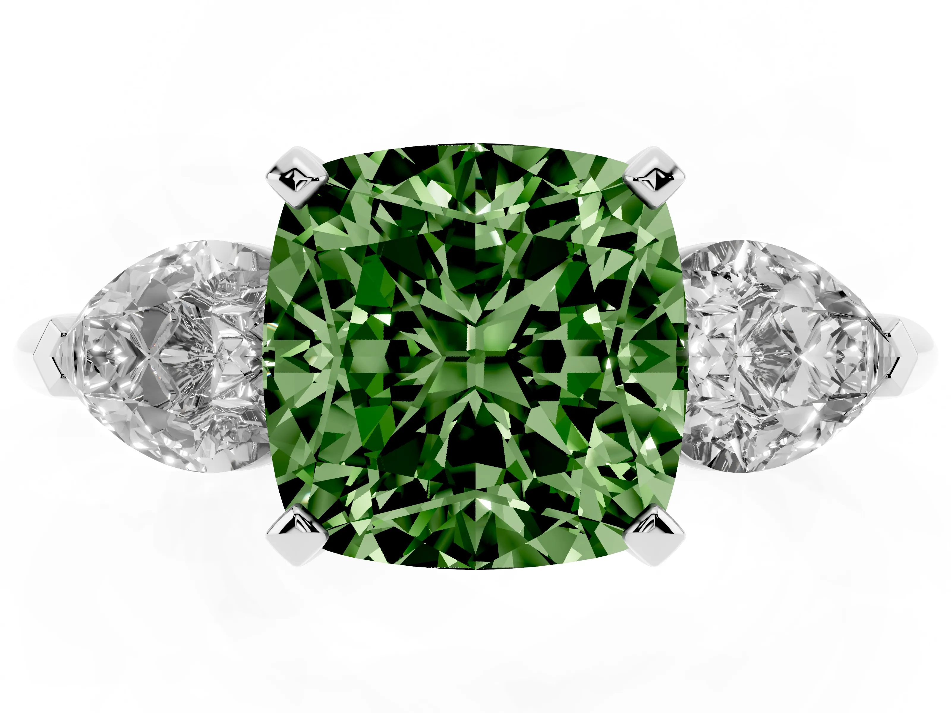 Fancy Green Three-Stone Cushion Cut Diamond Ring Set in Platinum with Pear Side Stones and Prong Setting