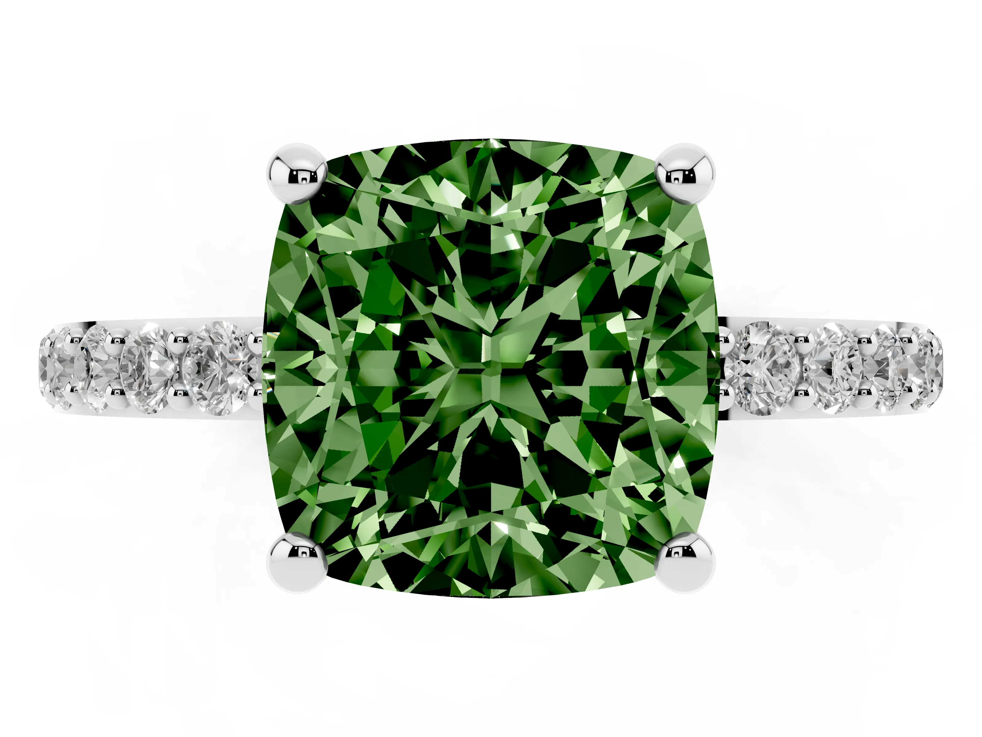Fancy Green Cushion Cut Diamond Solitaire Ring Set in Silver with Round Pavé Band and Prong Setting