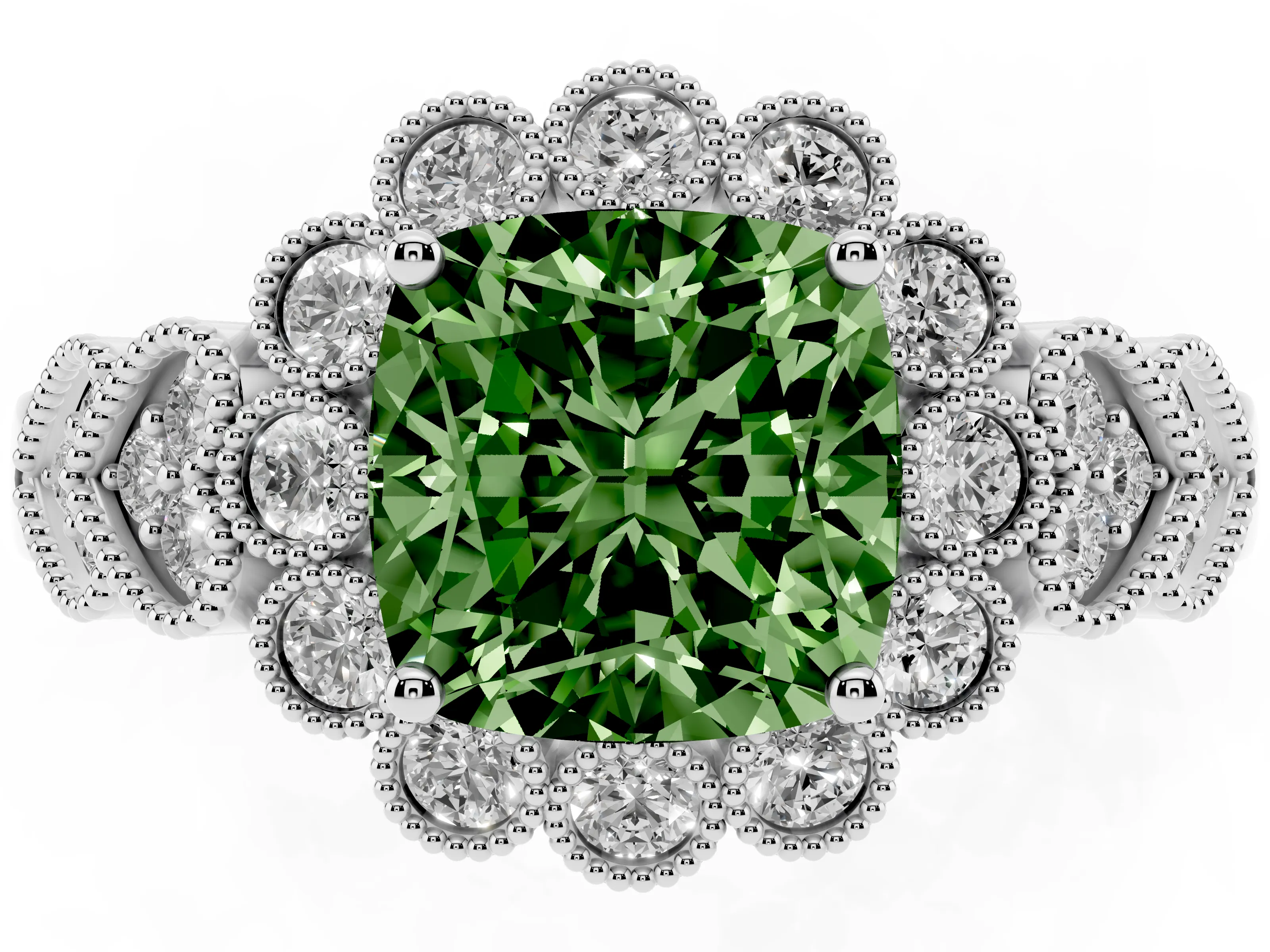 Fancy Green Cushion Cut Diamond Solitaire Ring Set in White gold with Milgrain Pavé Heart Band
