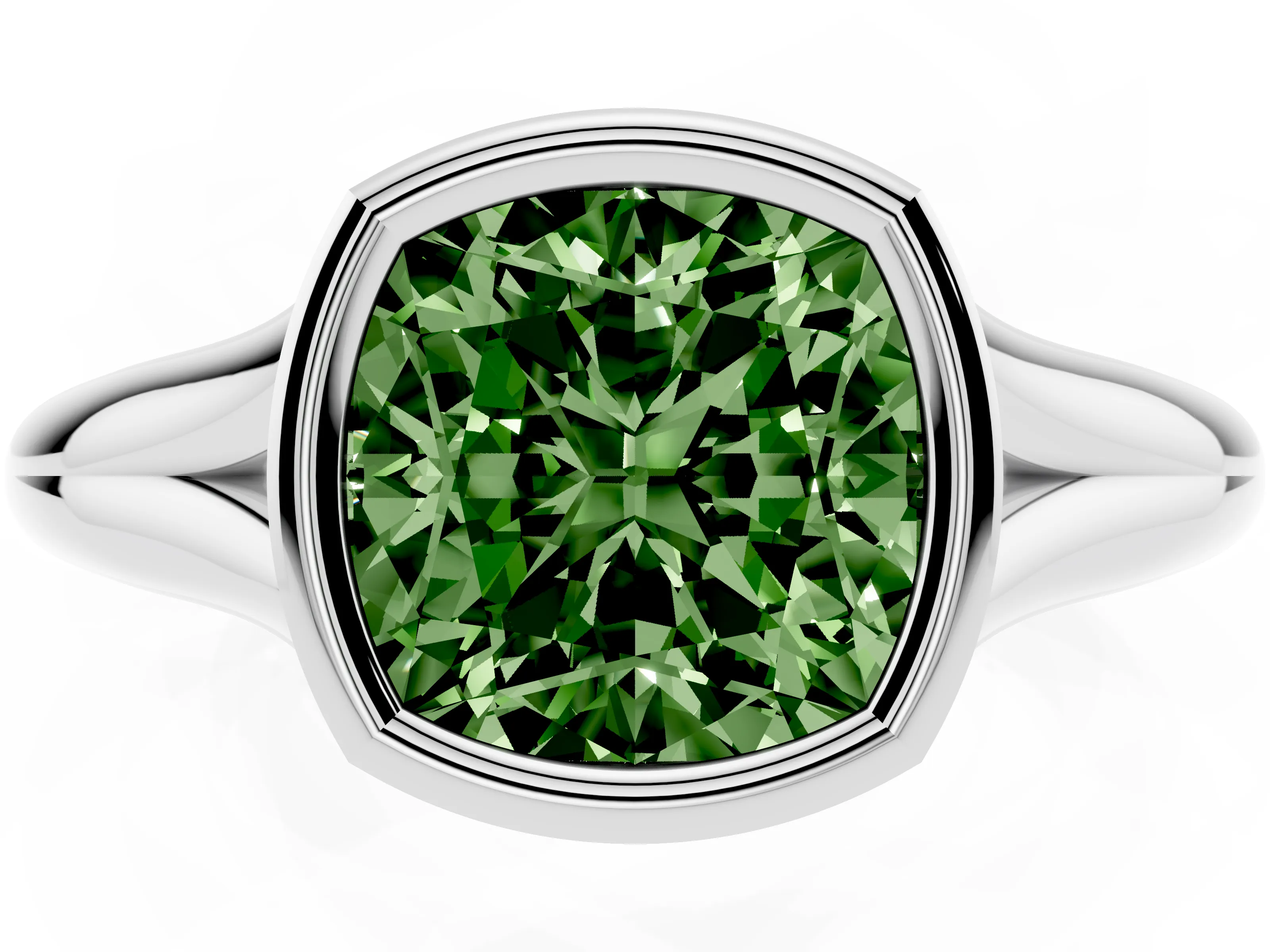 Fancy Green Bezel Set Cushion Cut Diamond Solitaire Ring Set in Silver with Smooth Band