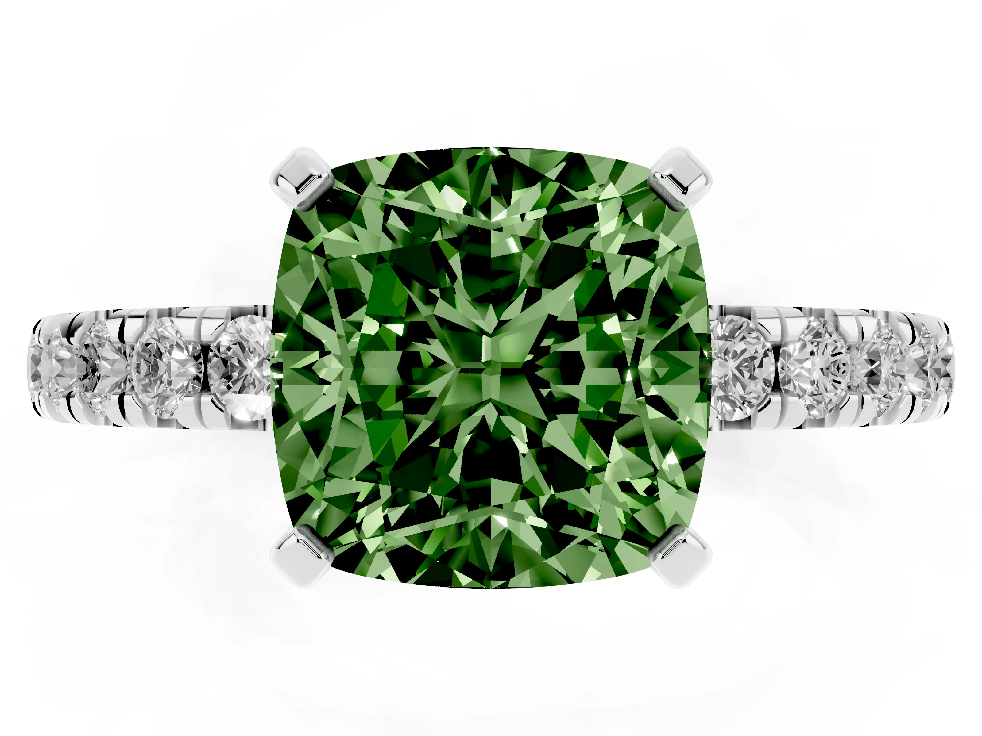 Fancy Green Cushion Cut Diamond Pavé Solitaire Ring Set in White gold with Round Band and Prong Setting
