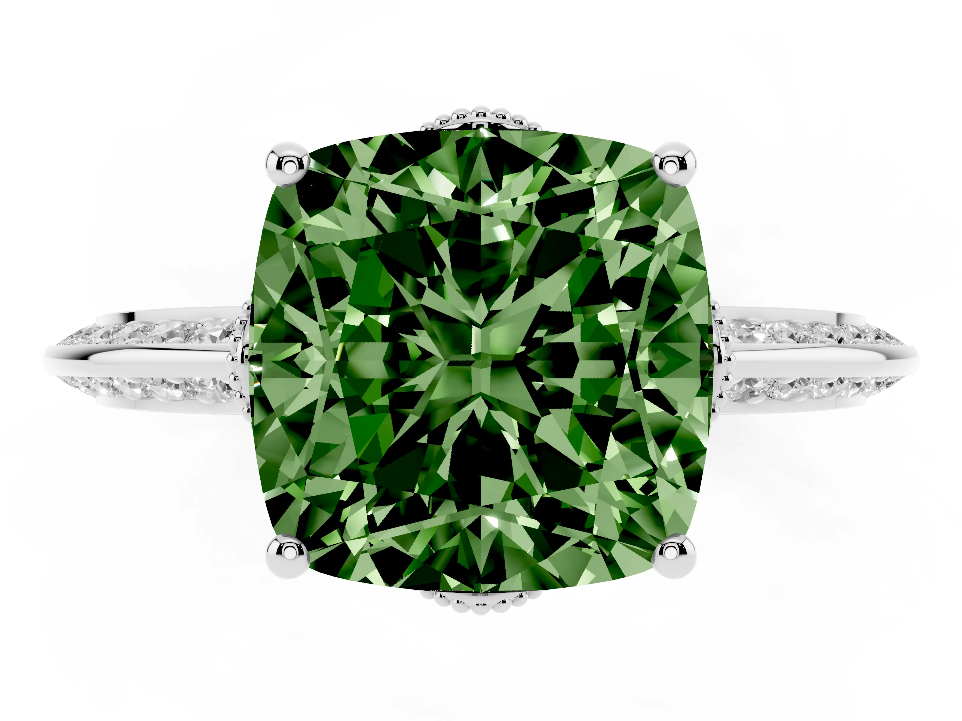 Fancy Green Cushion Cut Diamond Solitaire Engagement Ring Set in Silver with Pavé Split Shank and Prong Setting