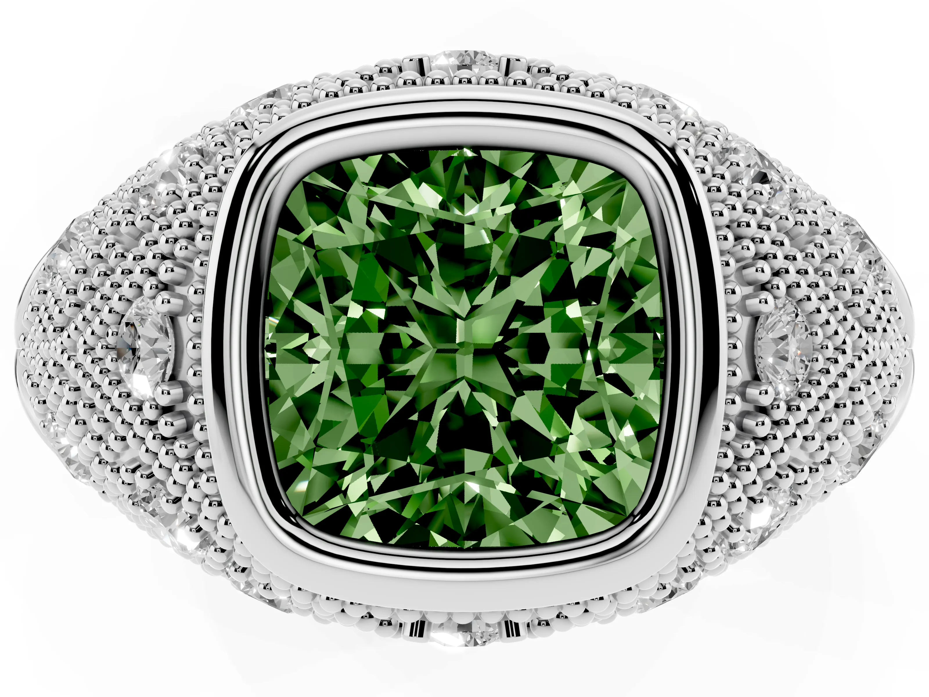 Fancy Green Cushion Cut Diamond Bezel Ring Set in Silver with Milgrain Accent Band
