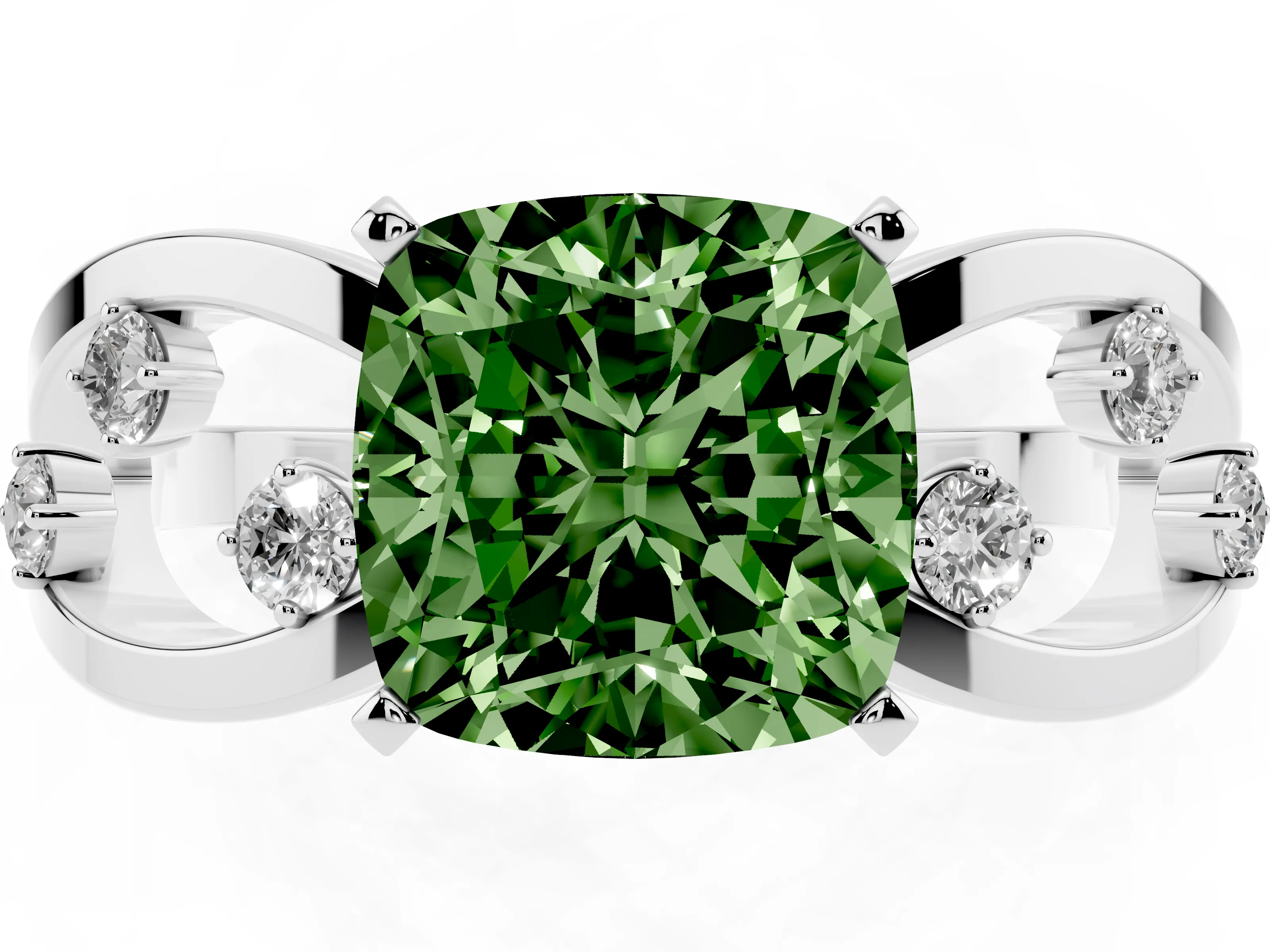 Fancy Green Cushion Cut Diamond Solitaire Ring Set in Silver with Side Stones on Criss-Cross Band and Prong Setting