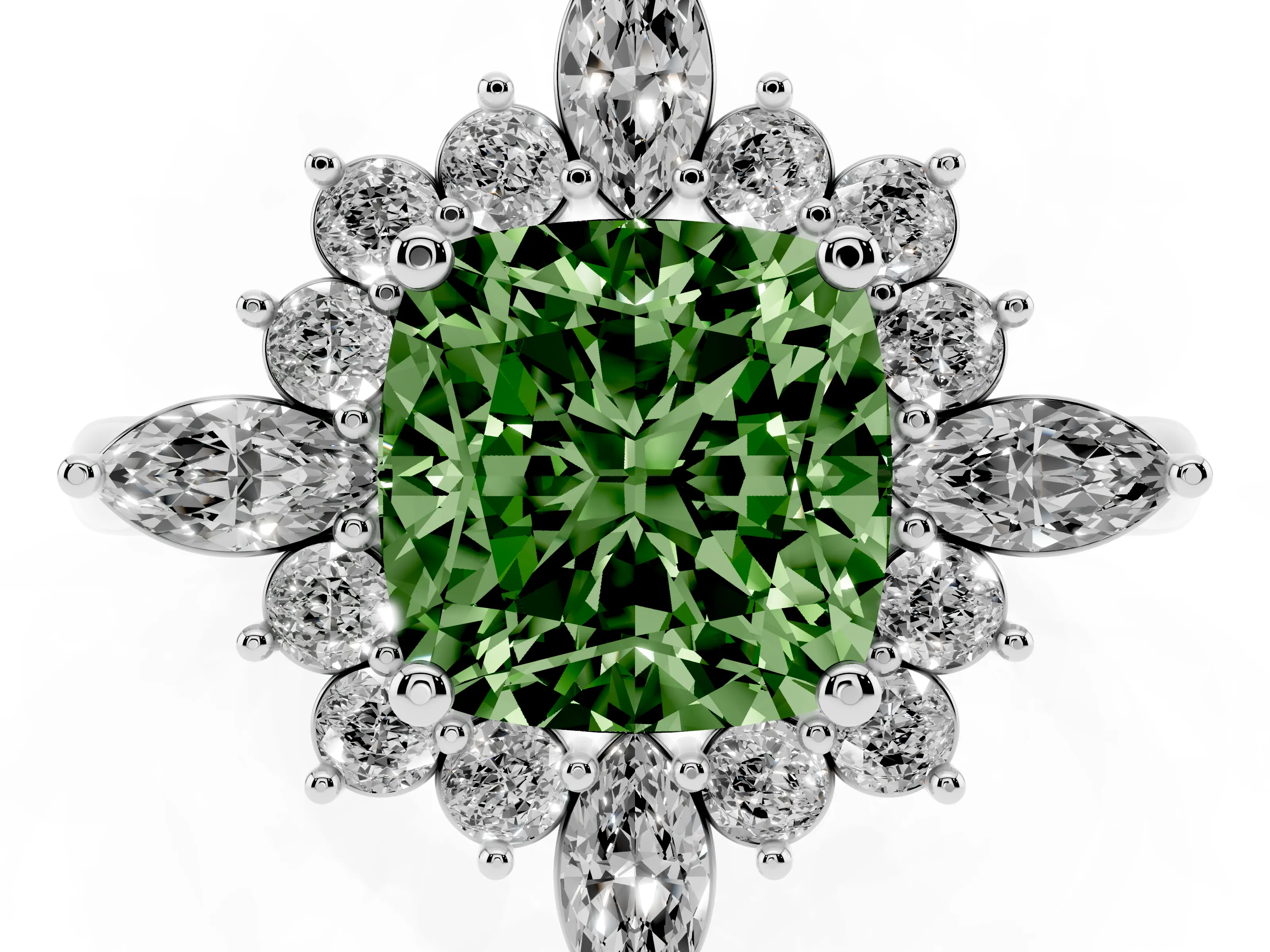 Fancy Green Cushion Cut Diamond Cluster Halo Ring Set in Platinum with Marquise and Round Accents