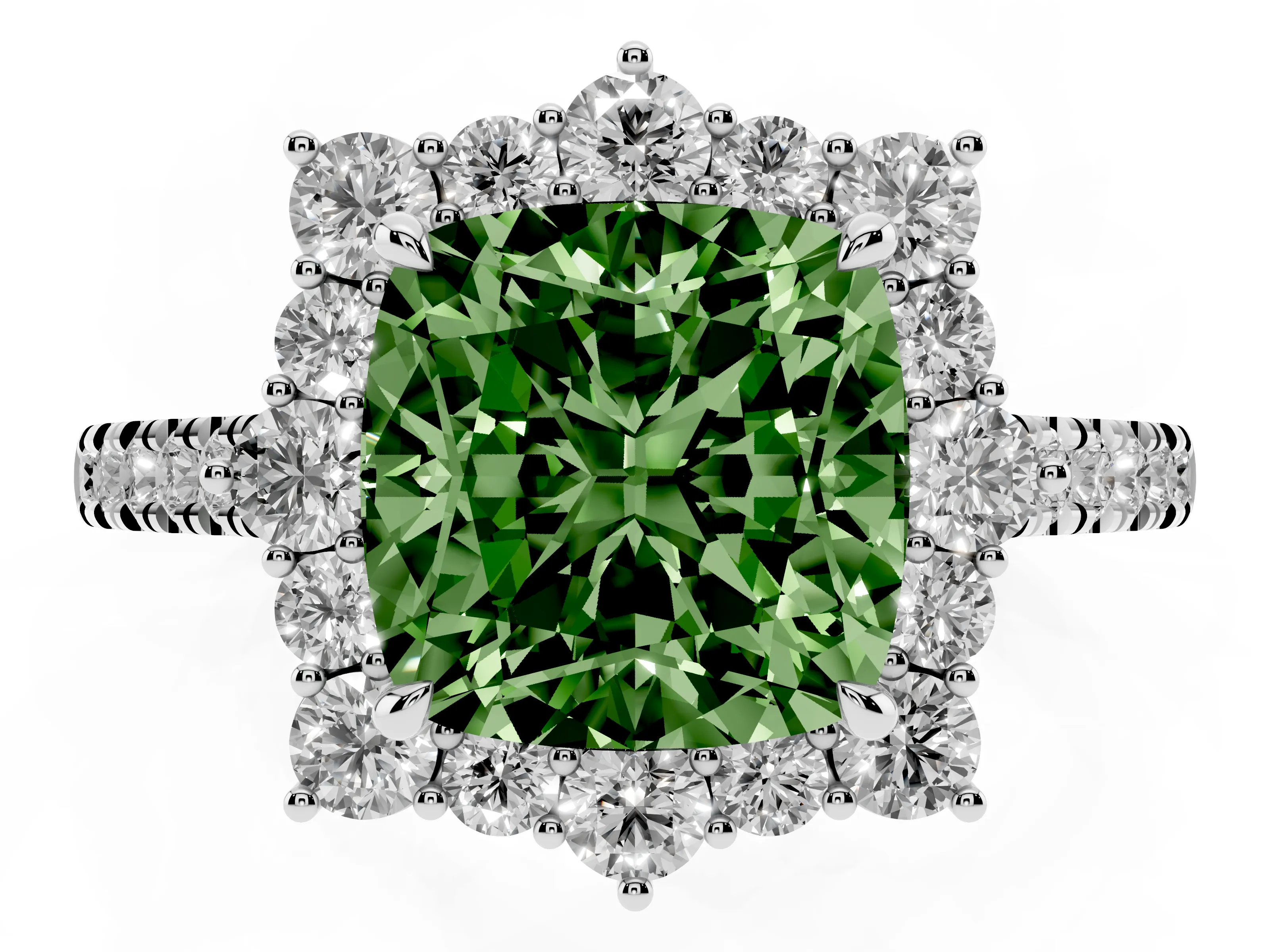 Fancy Green Cushion Cut Diamond Halo Ring Set in Silver with Pavé Band and Prong Setting