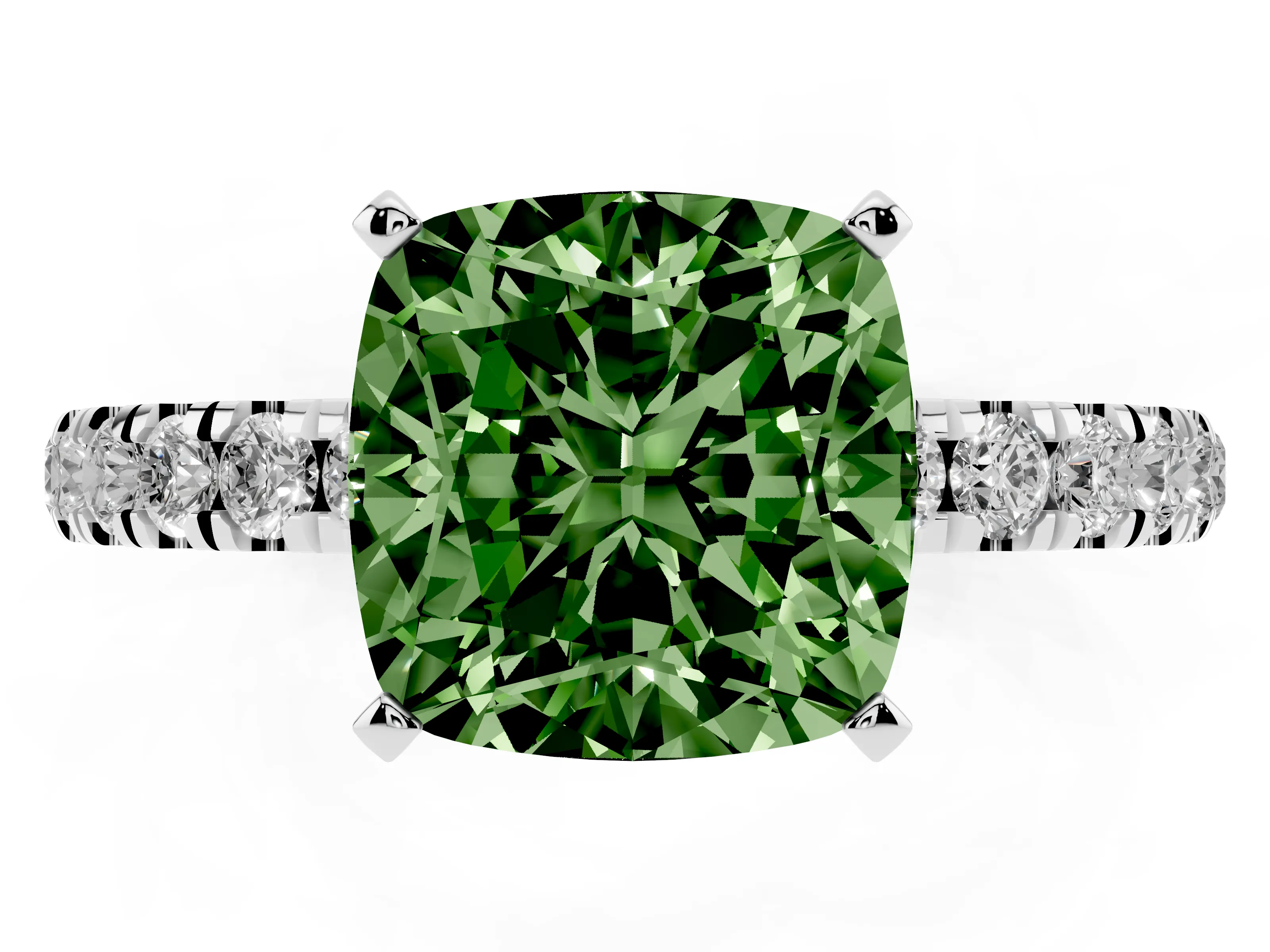 Fancy Green Cushion Cut Diamond Solitaire Ring Set in White gold with Pavé Accents and Prong Setting