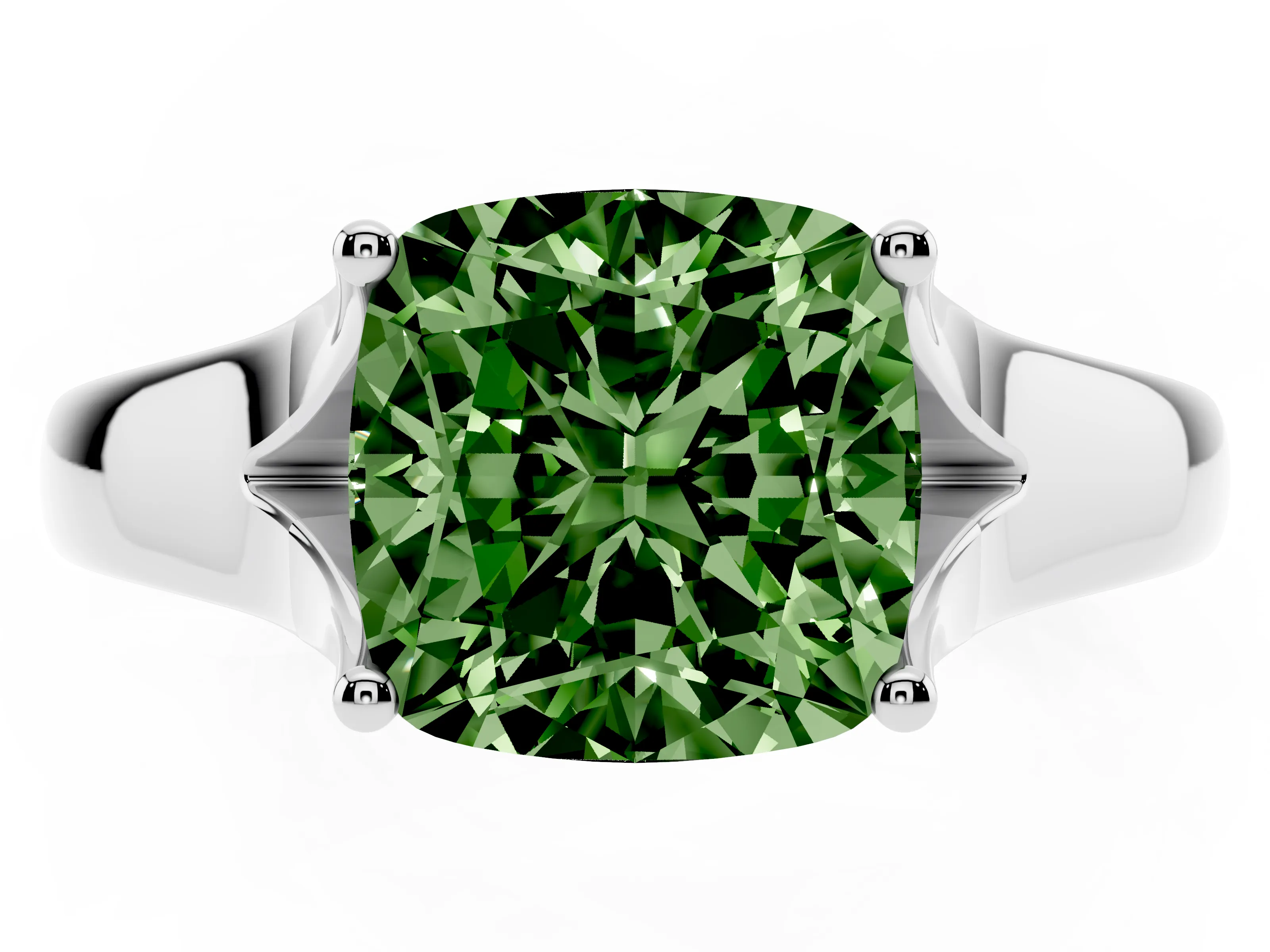 Fancy Green Cushion Cut Diamond Solitaire Ring Set in White gold with Arched Cathedral Band and Prong Setting