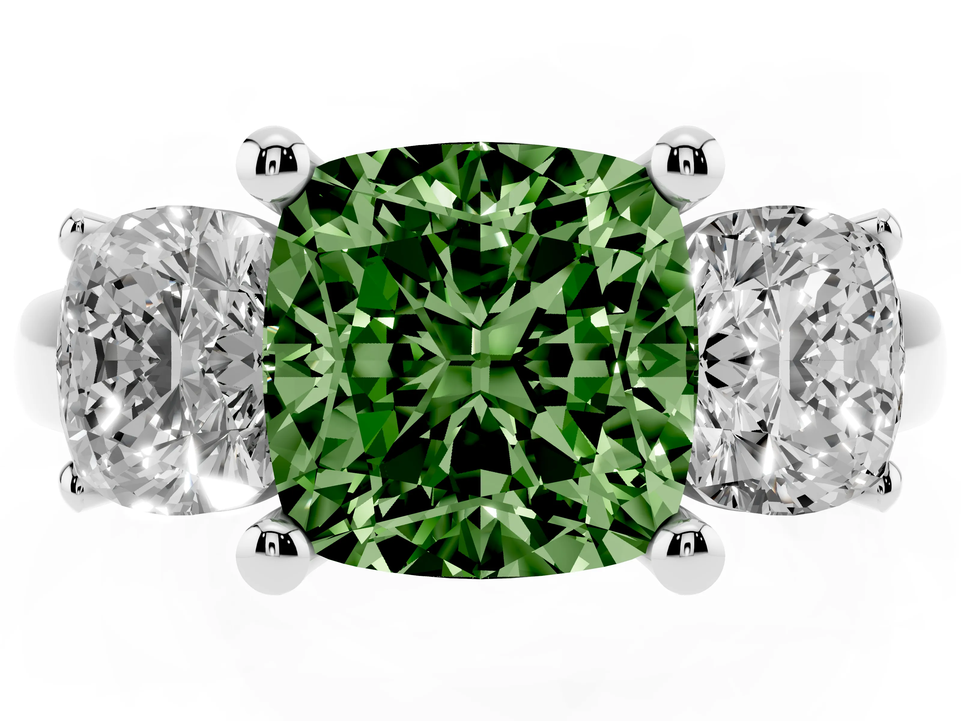 Fancy Green Cushion Cut Diamond Three-Stone Ring Set in White gold with Classic Prong Setting and Plain Band