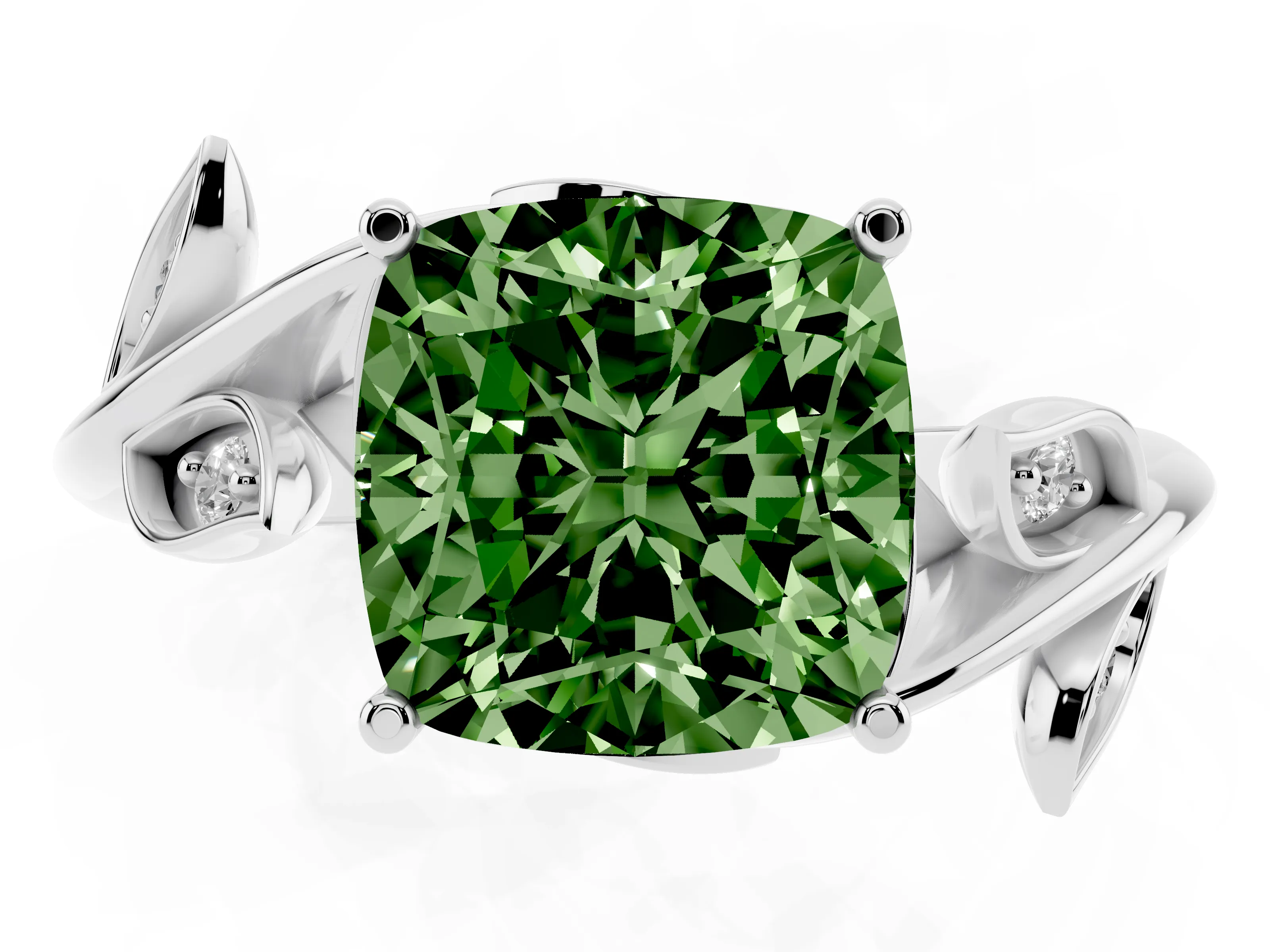 Fancy Green Cushion Cut Diamond Solitaire Twist Engagement Ring Set in Platinum with Pavé Leaf Accents