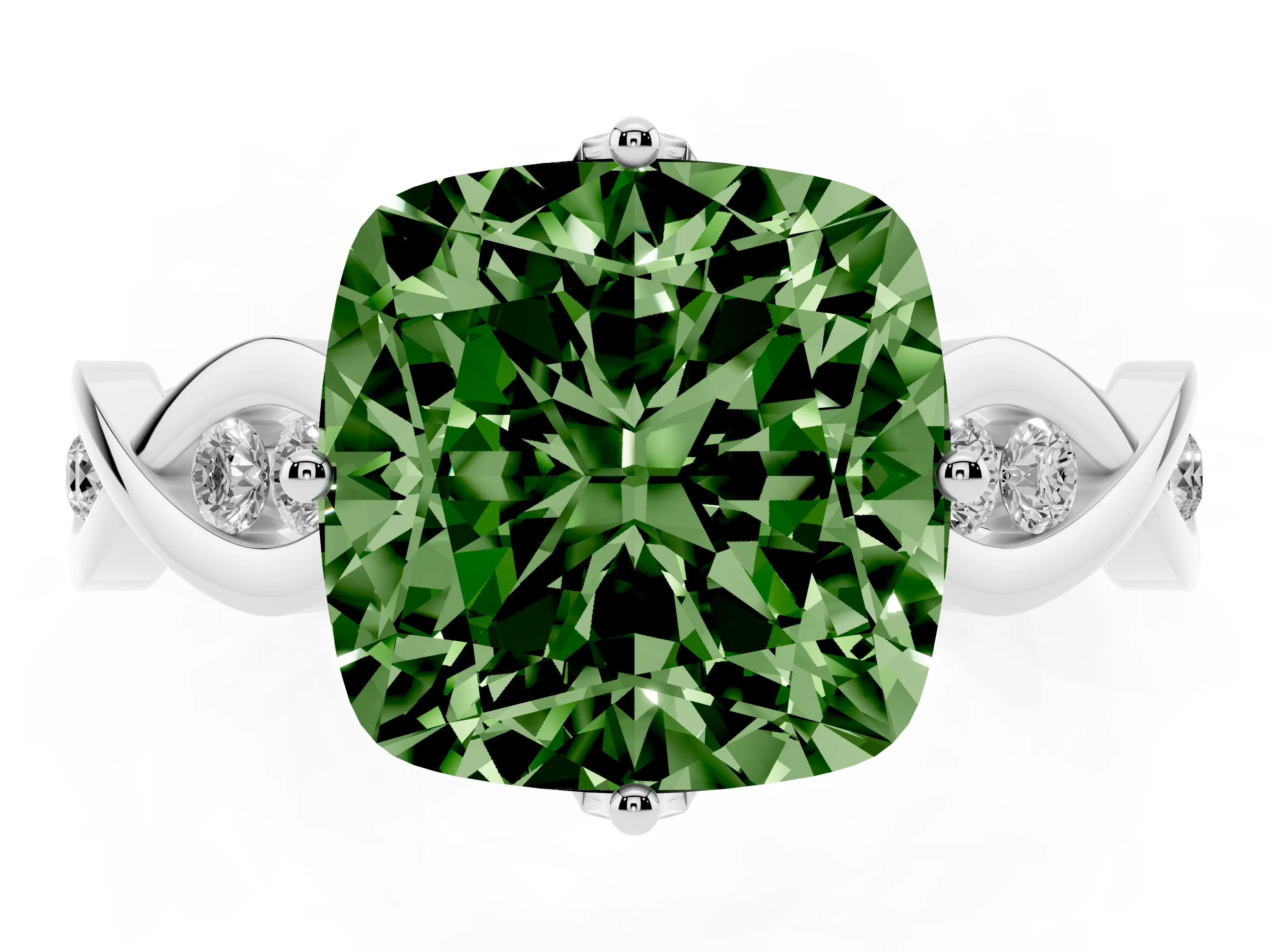 Fancy Green Cushion Cut Diamond Twist Band Solitaire Ring Set in Silver with Leaf Prong Setting and Accent Stones