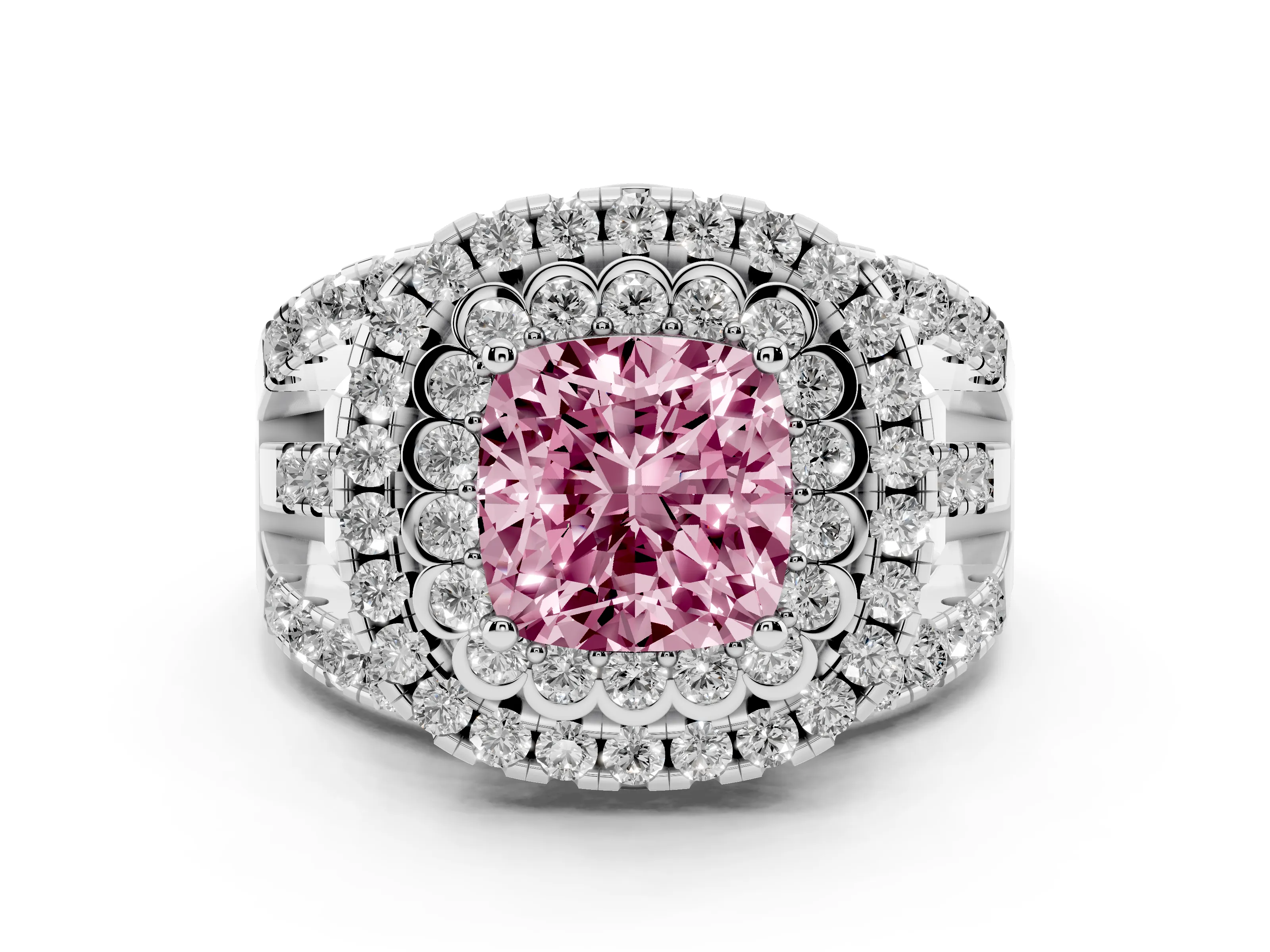 Fancy Pink Cushion Cut Diamond Double Halo Ring Set in White gold with Round Pavé Split Shank