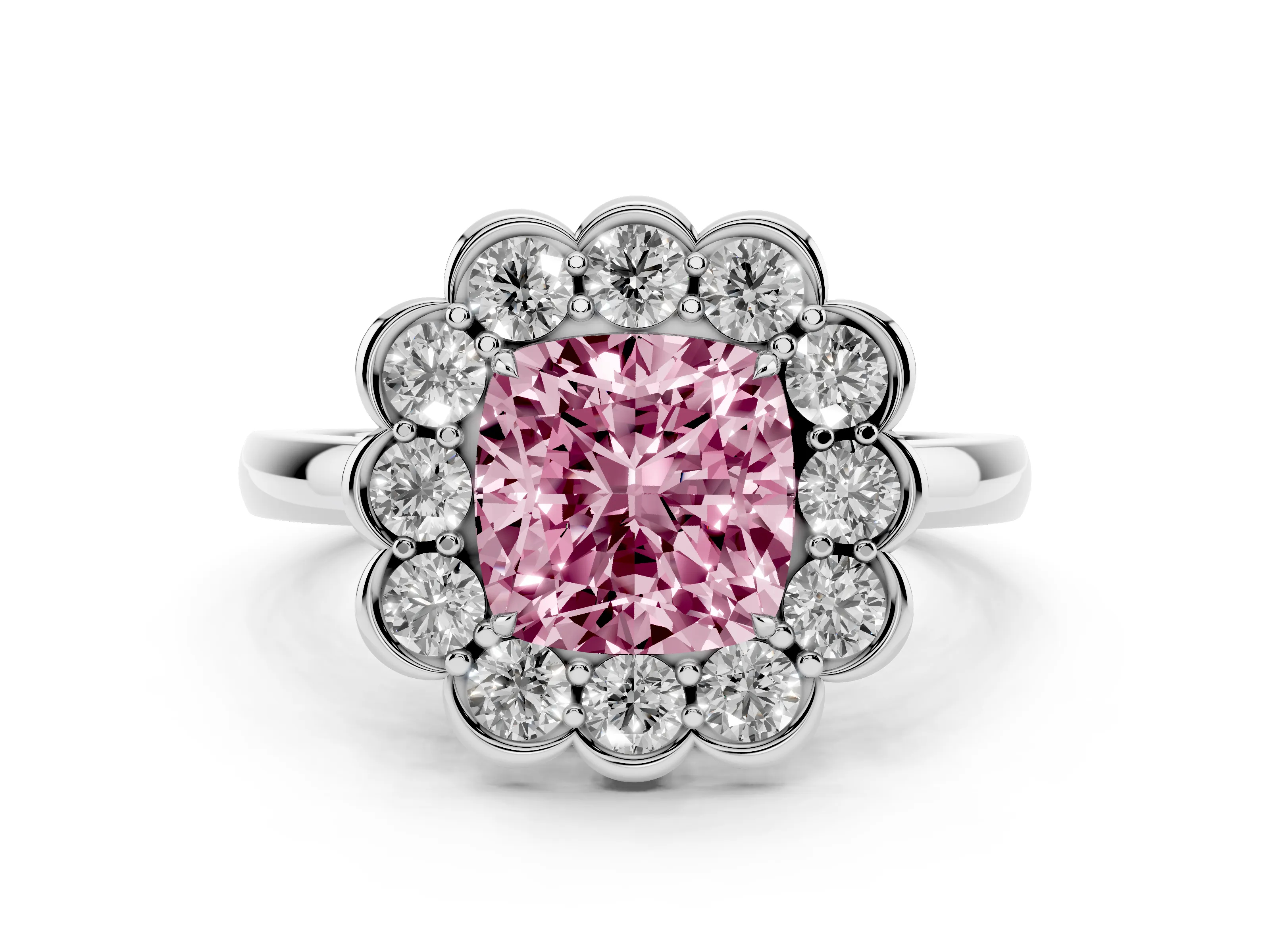 Fancy Pink Cushion Cut Diamond Halo Cluster Engagement Ring Set in Platinum with Solitaire Band and Prong Setting