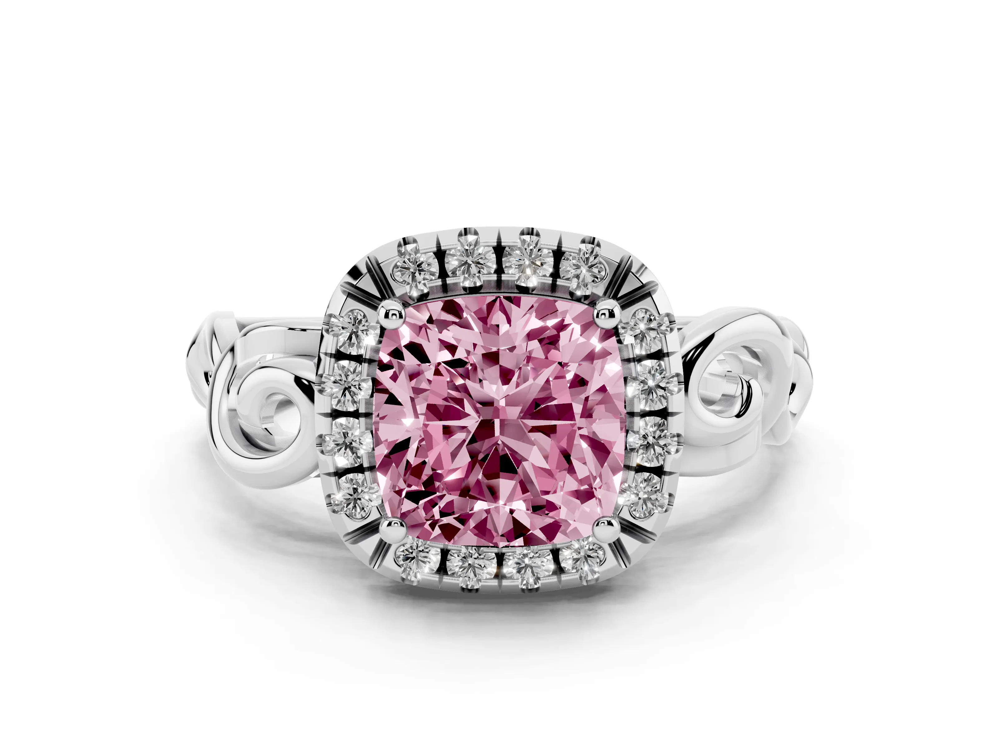 Fancy Pink Cushion Cut Diamond Halo Ring Set in Platinum with Scrollwork Band and Prong Setting