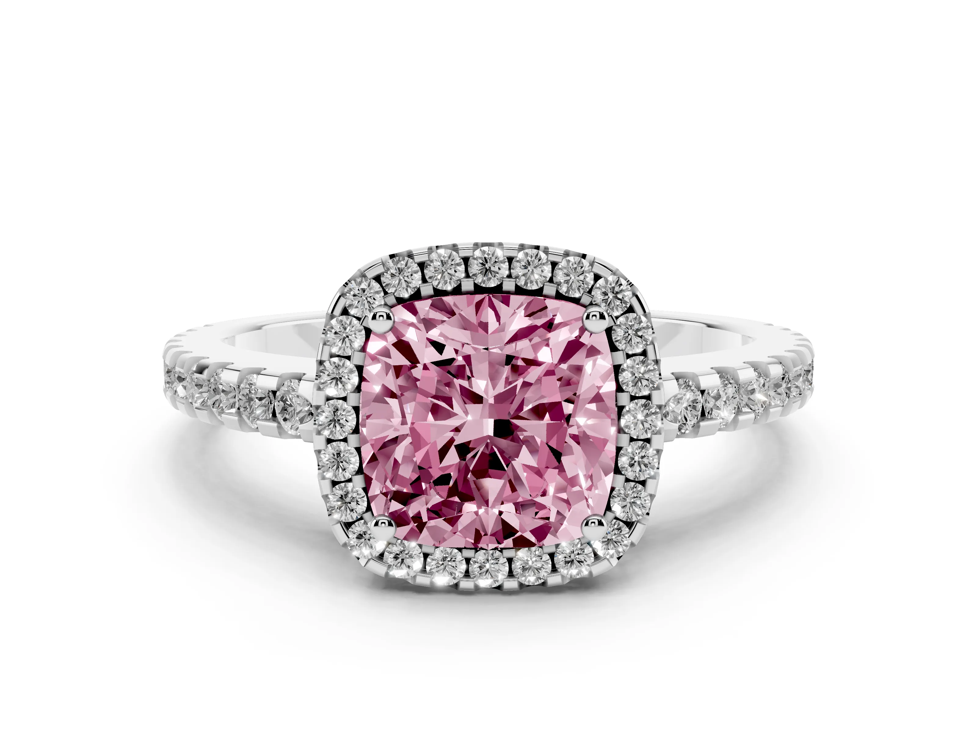 Fancy Pink Cushion Cut Diamond Halo Ring Set in Platinum with Pavé Shoulders and Halo-Framed Center