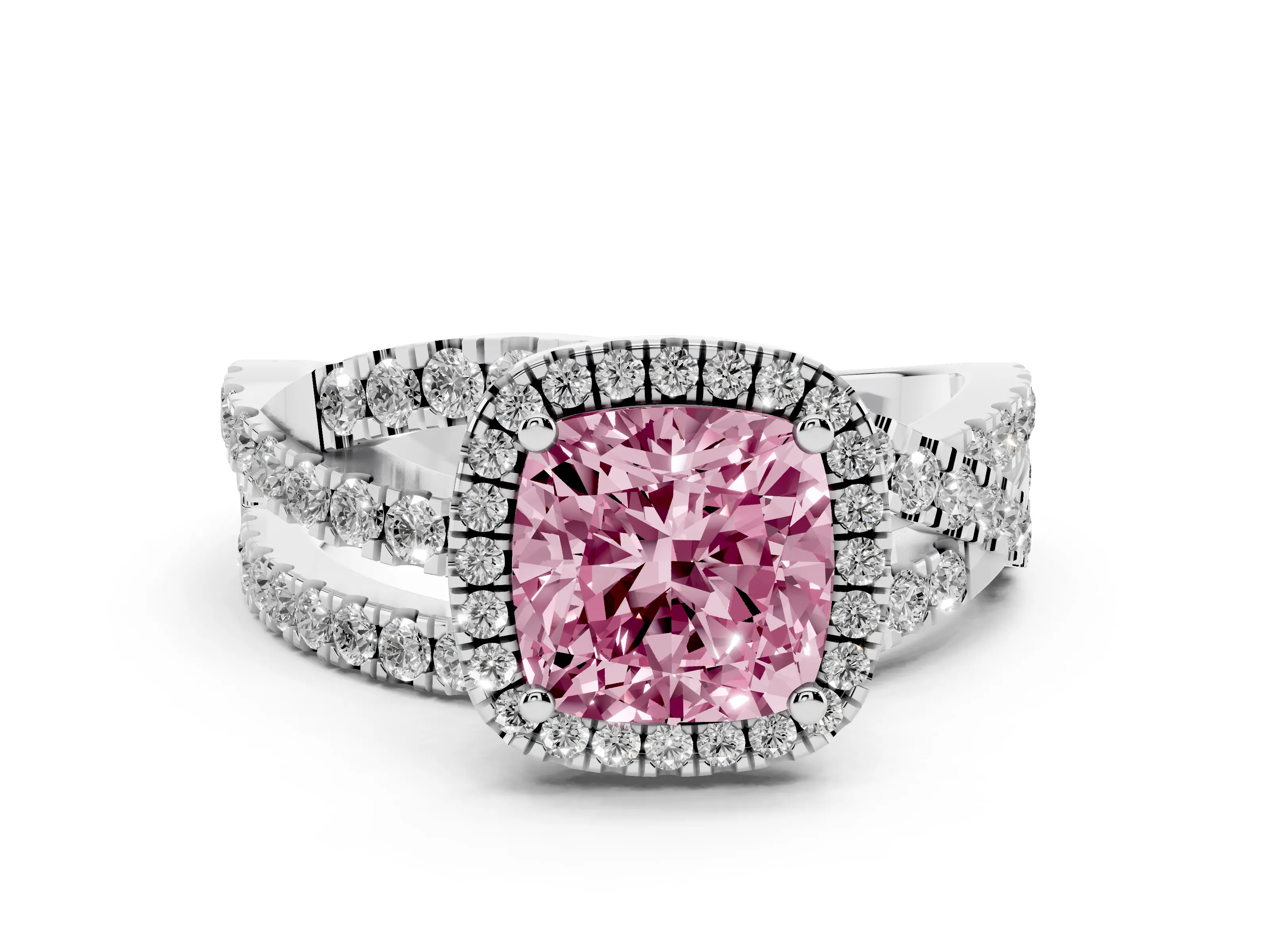 Fancy Pink Cushion Cut Diamond Halo Ring Set in White gold with Round Crossover Split Shank and Prong Setting