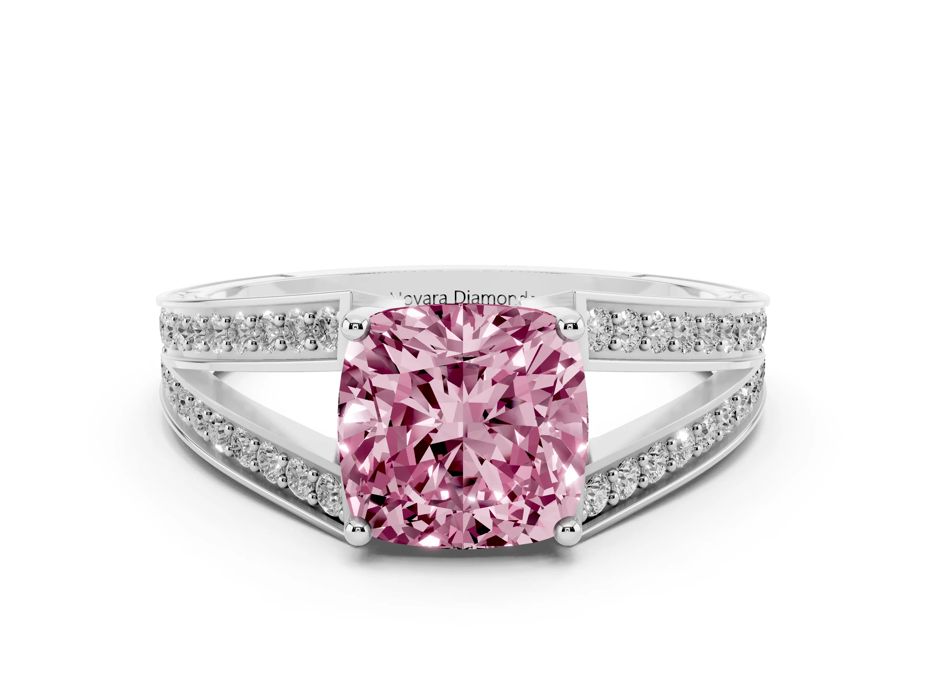 Fancy Pink Cushion Cut Diamond Split Shank Ring Set in Platinum with Pavé Band and Prong Setting