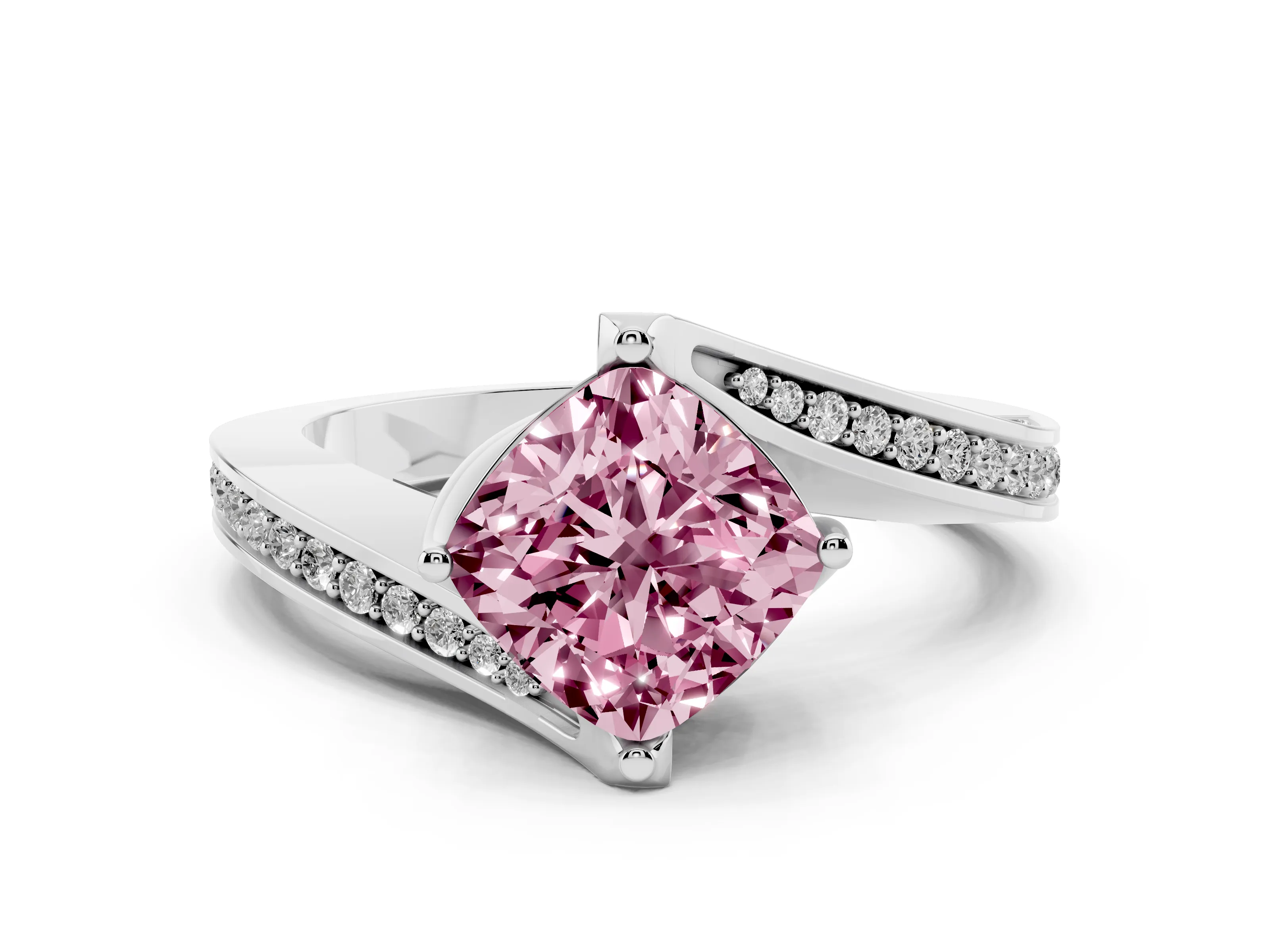 Fancy Pink Cushion Cut Diamond Solitaire Ring Set in Silver with Intertwined Pavé Twist Band