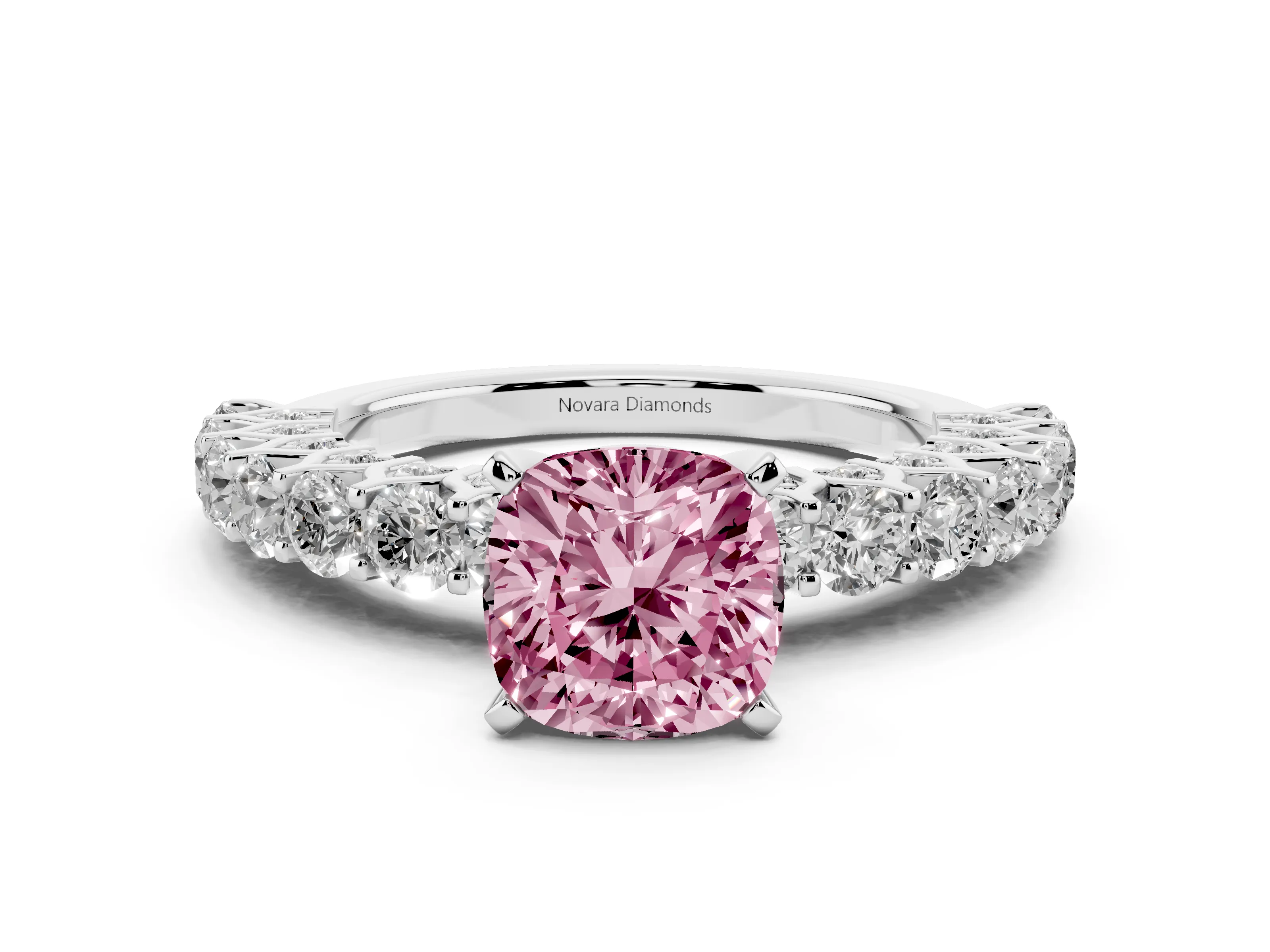 Fancy Pink Cushion Cut Diamond Solitaire Ring Set in Silver with Shared Prong Pavé Band
