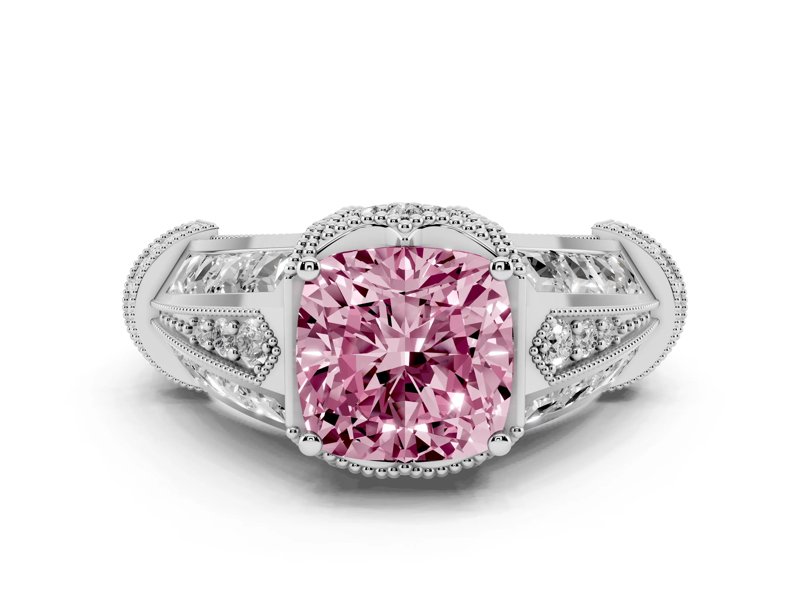 Fancy Pink Cushion Cut Diamond Vintage-Inspired Milgrain Ring Set in Silver with Accent Split Shank